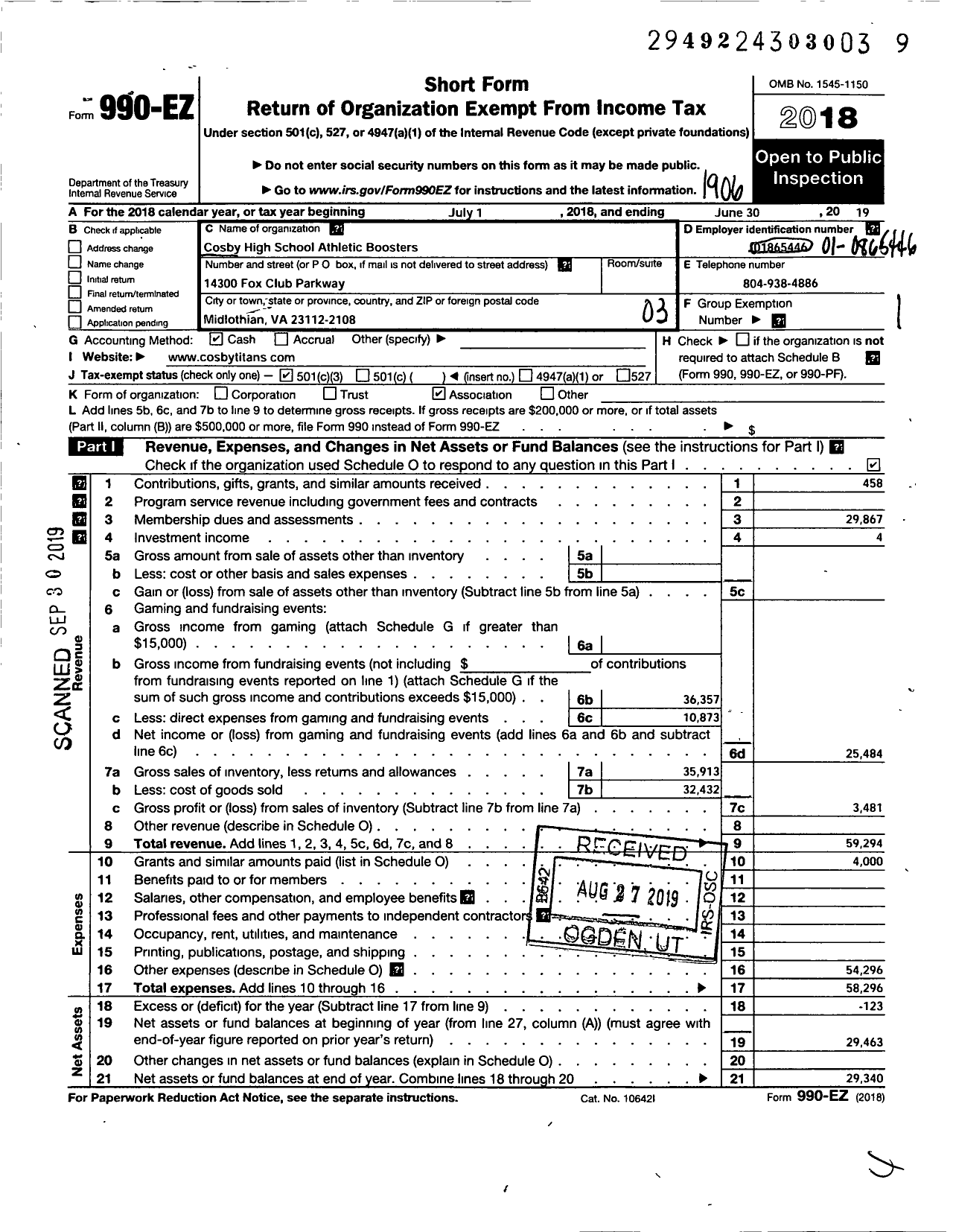 Image of first page of 2018 Form 990EZ for Cosby High School Athletic Boosters