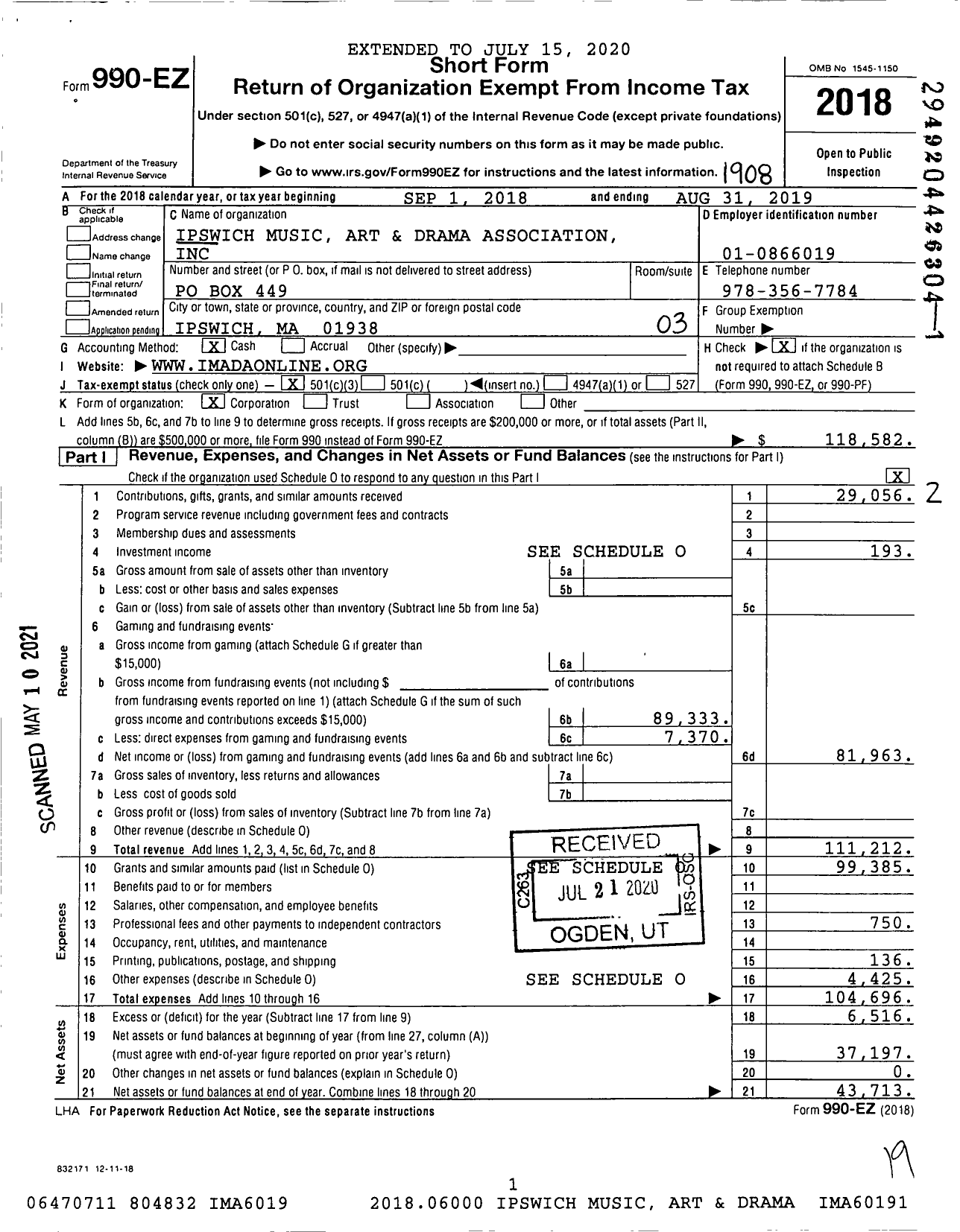 Image of first page of 2018 Form 990EZ for Ipswich Music Art and Drama Association (IMADA)