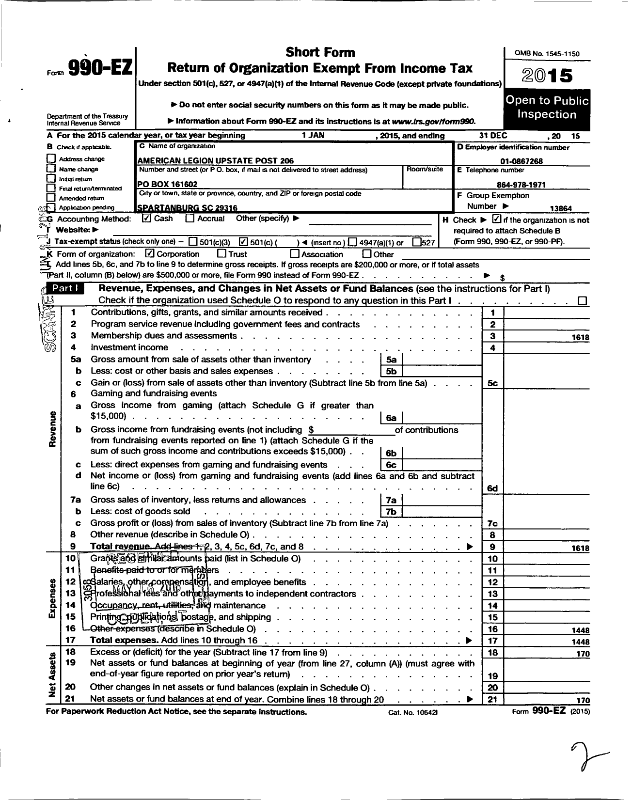 Image of first page of 2015 Form 990EO for American Legion - 206 Upstate Post Usc Upstate Armory