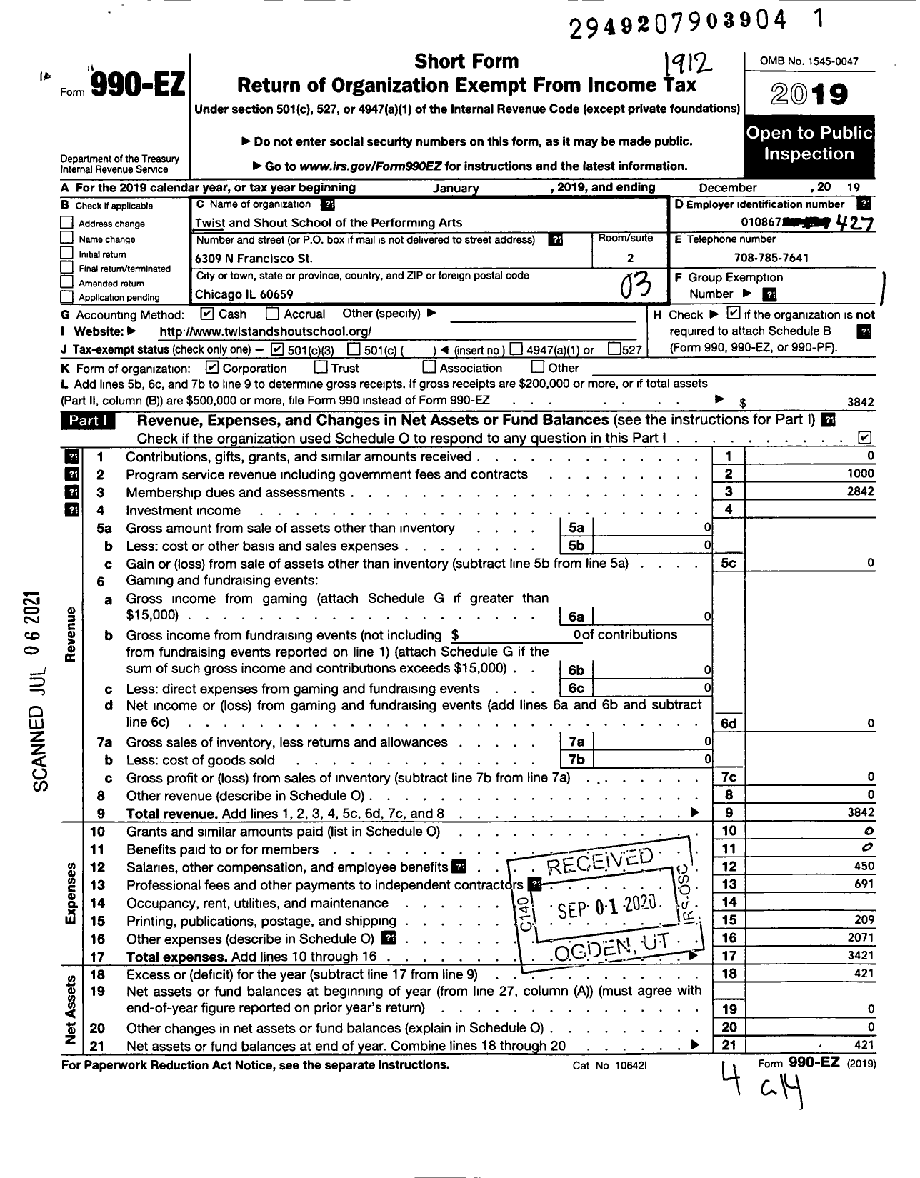 Image of first page of 2019 Form 990EZ for Twist and Shout School of the Performing Arts