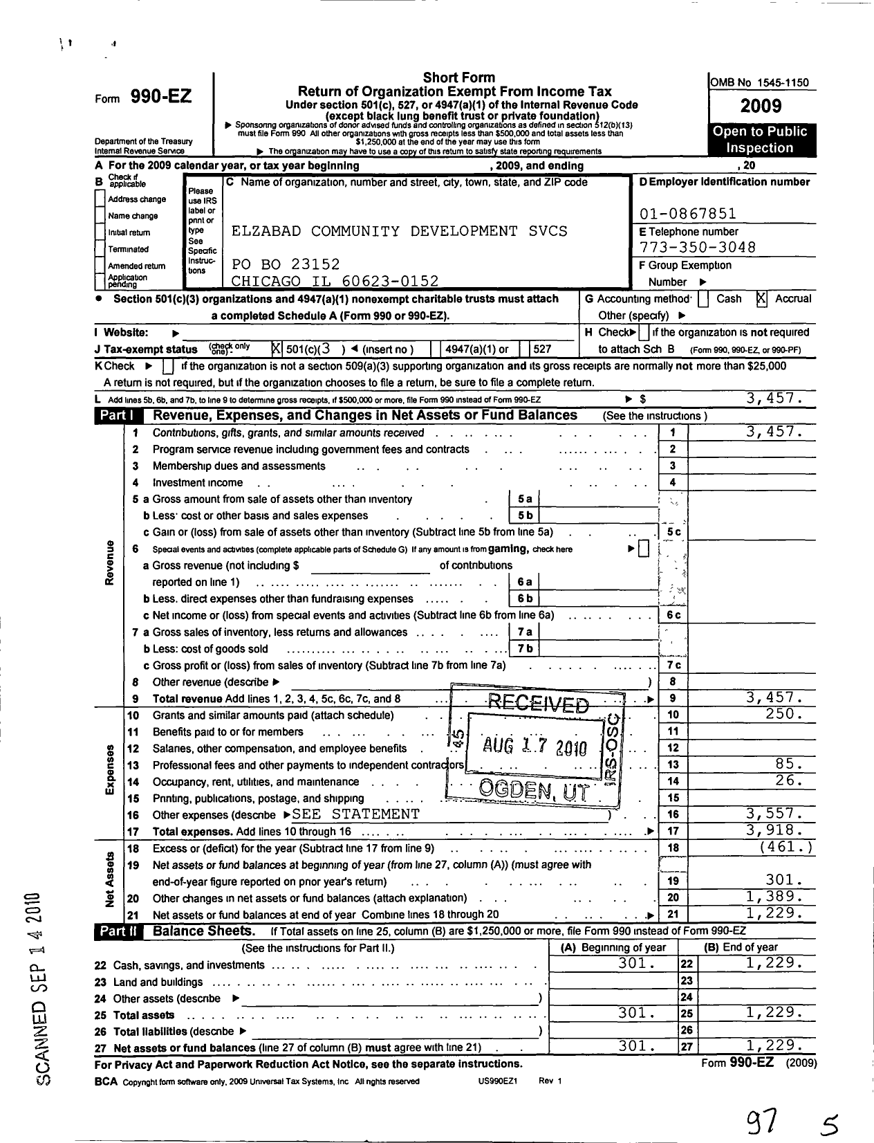 Image of first page of 2009 Form 990EZ for Elzabad Community Development Services