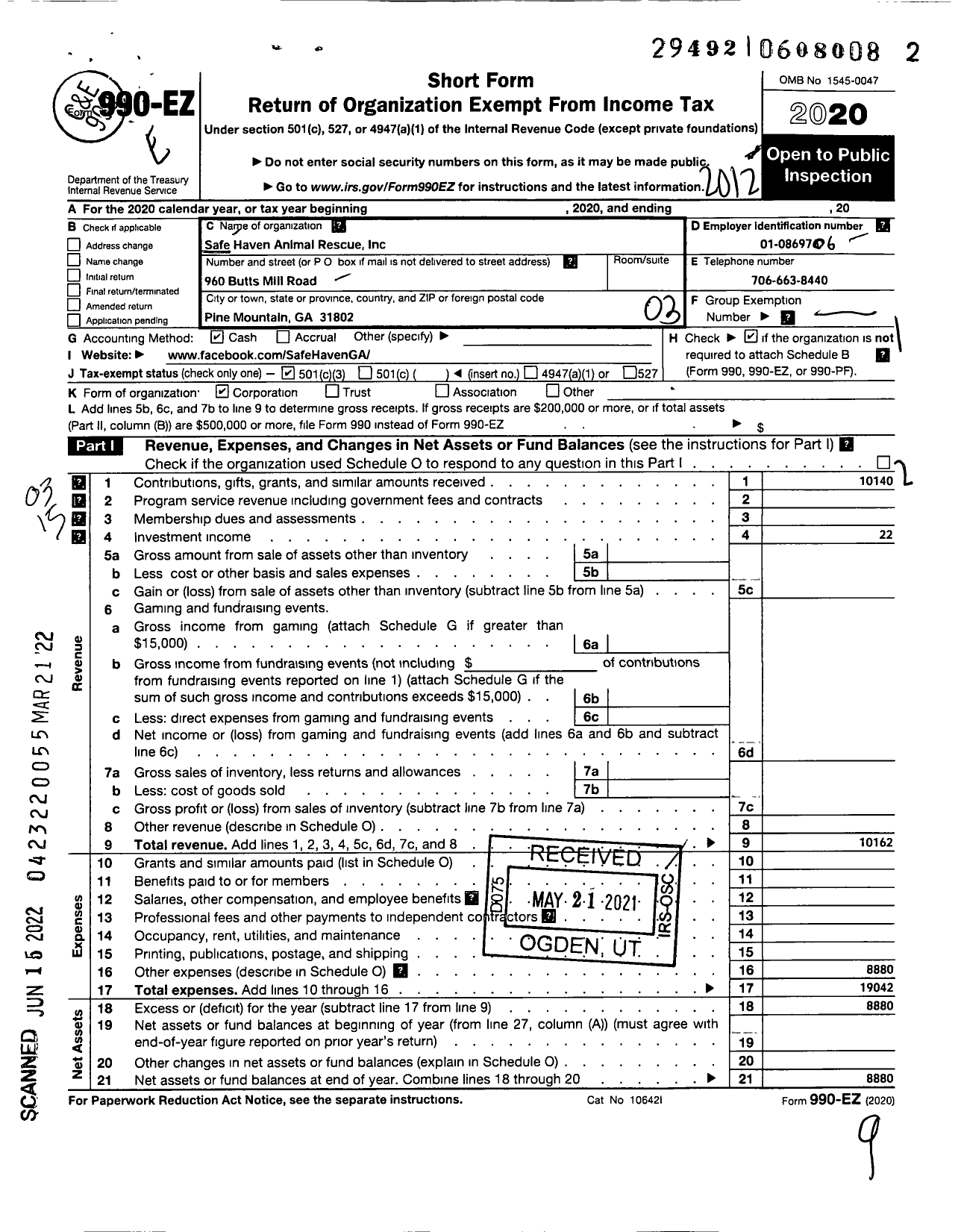 Image of first page of 2020 Form 990EZ for Safe Haven Animal Rescue