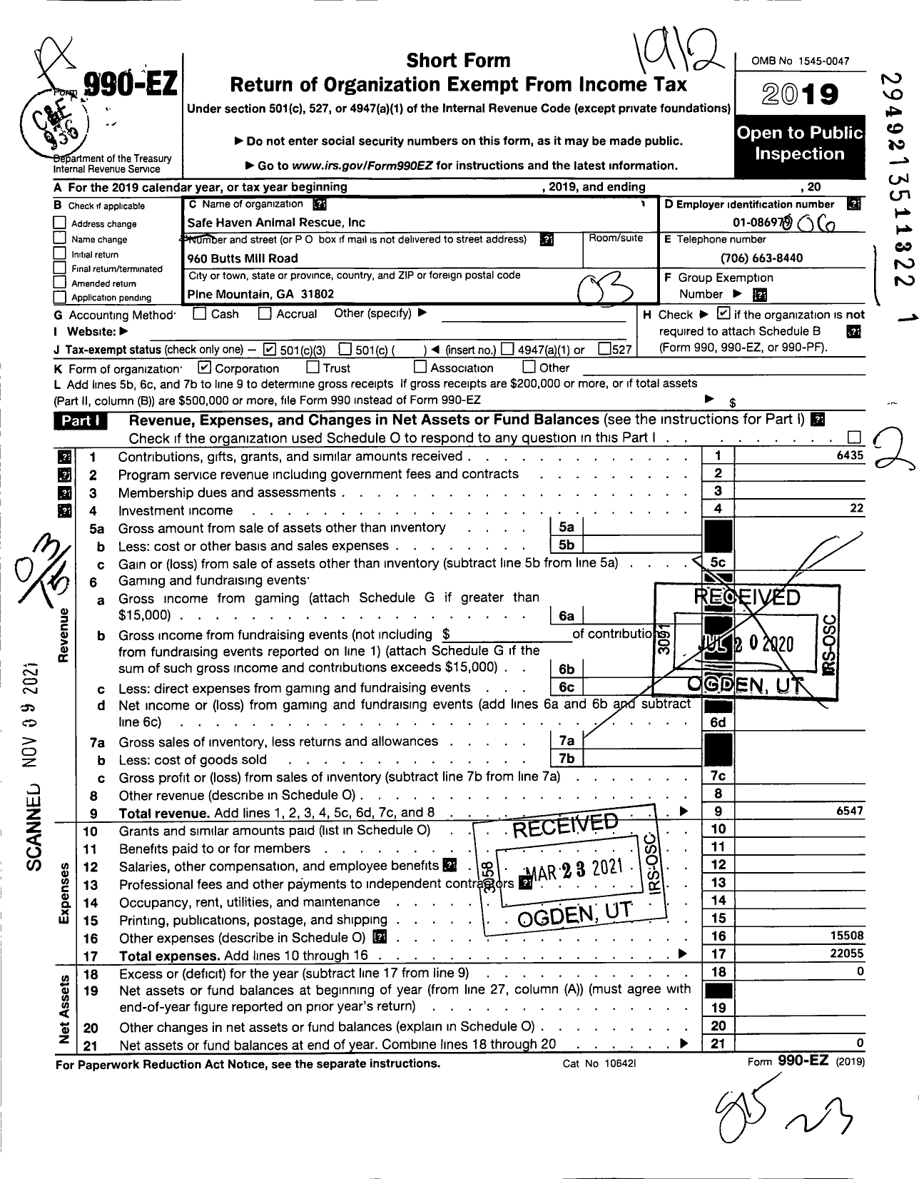 Image of first page of 2019 Form 990EZ for Safe Haven Animal Rescue