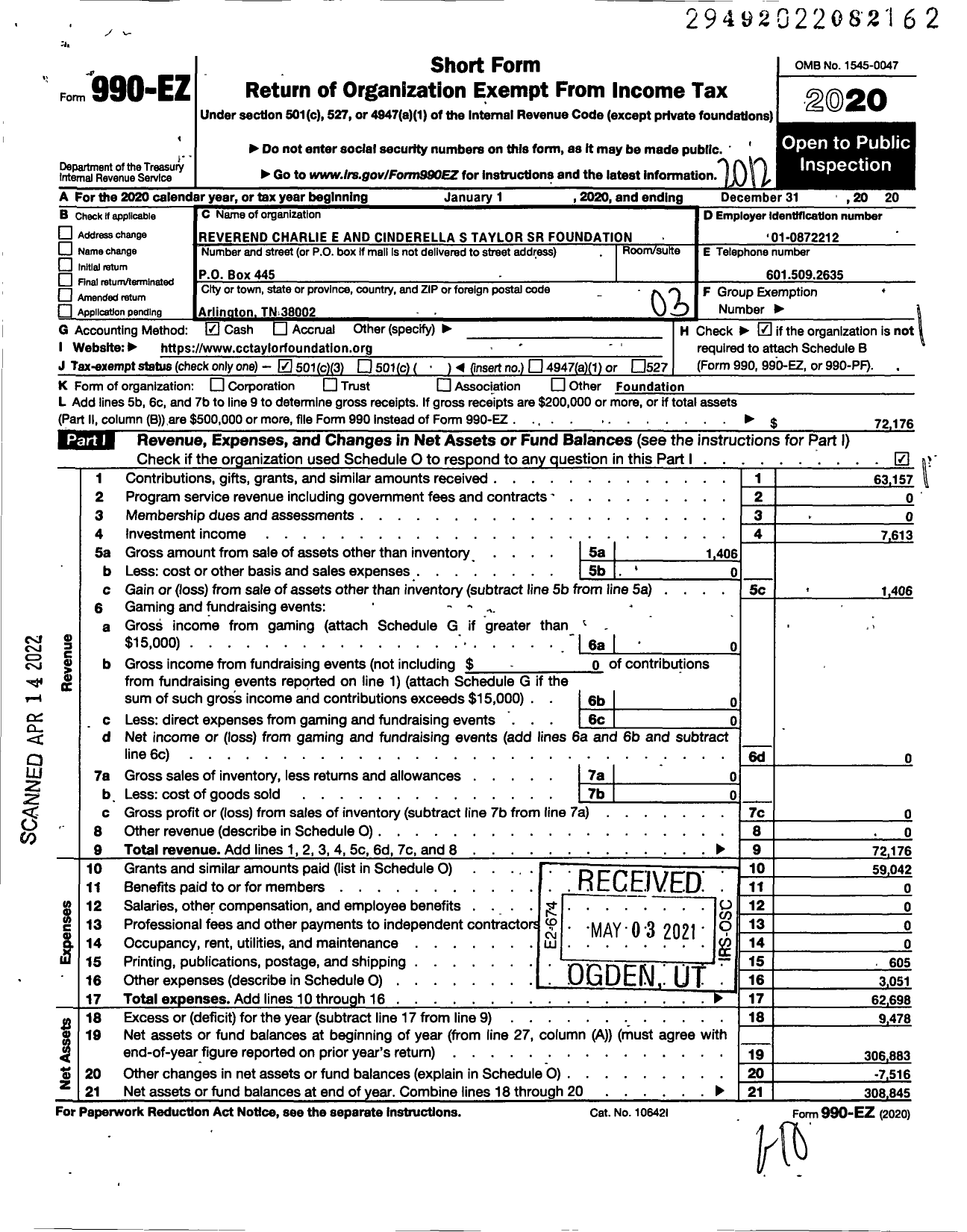 Image of first page of 2020 Form 990EZ for CC Taylor Foundation ChaplainCare LLC