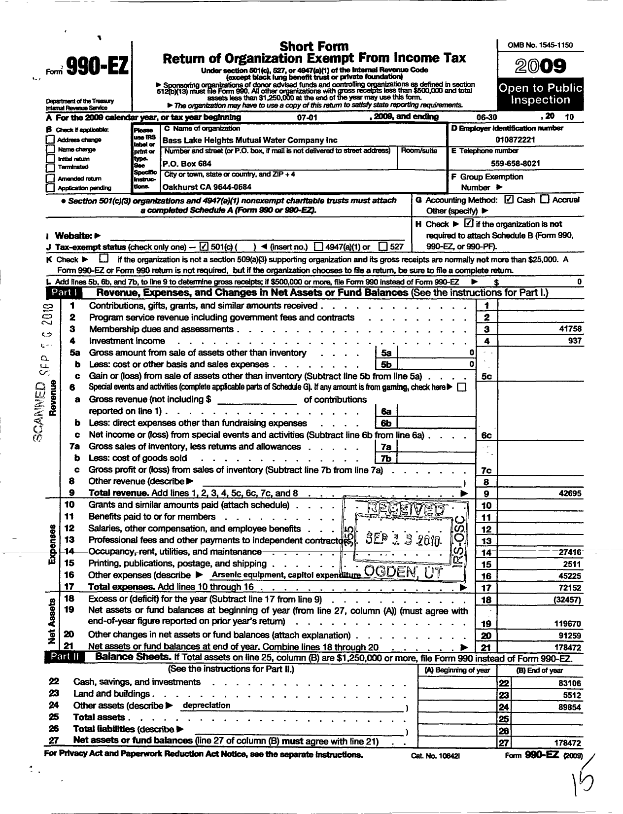 Image of first page of 2009 Form 990EO for Bass Lake Heights Mutual Water