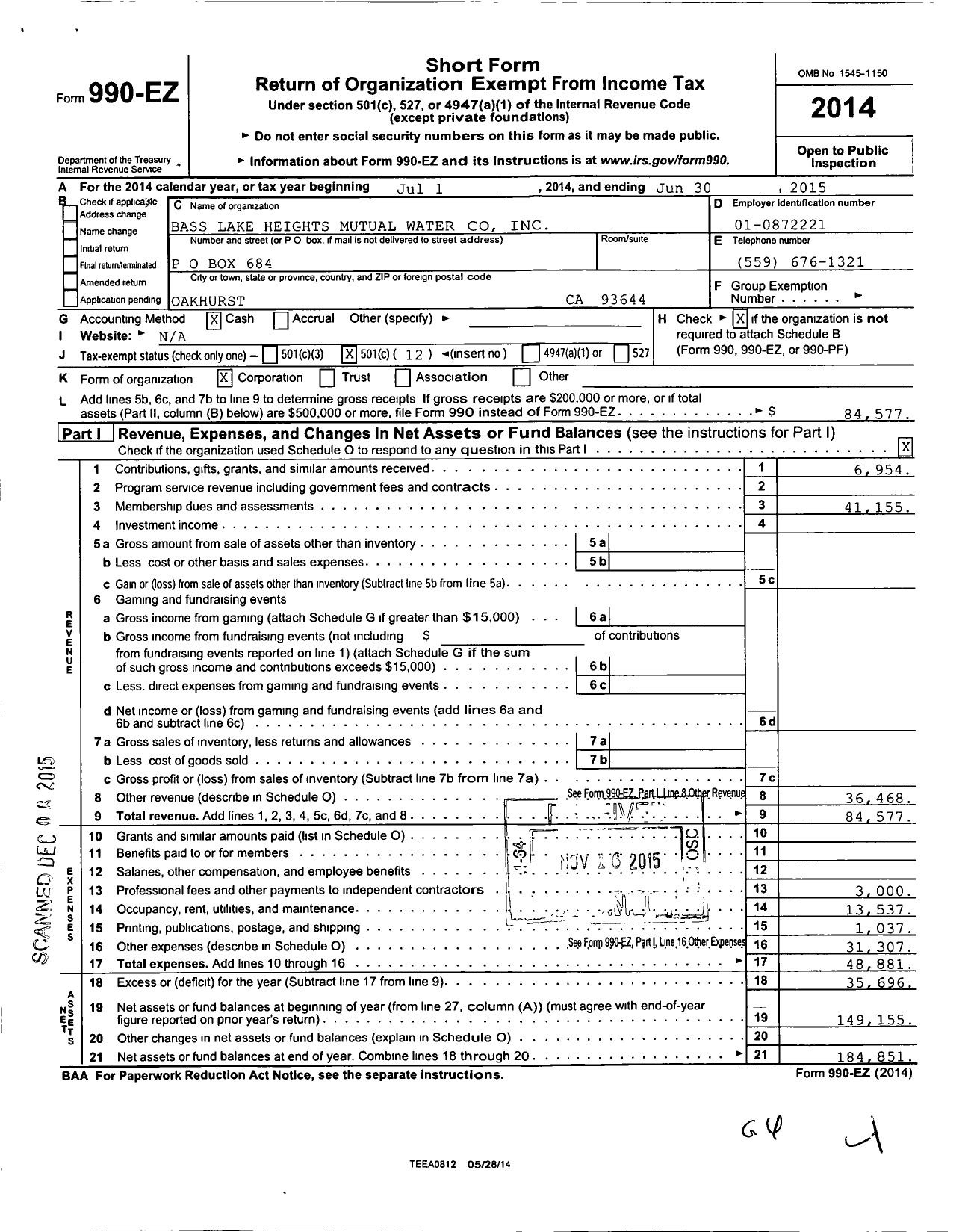 Image of first page of 2014 Form 990EO for Bass Lake Heights Mutual Water