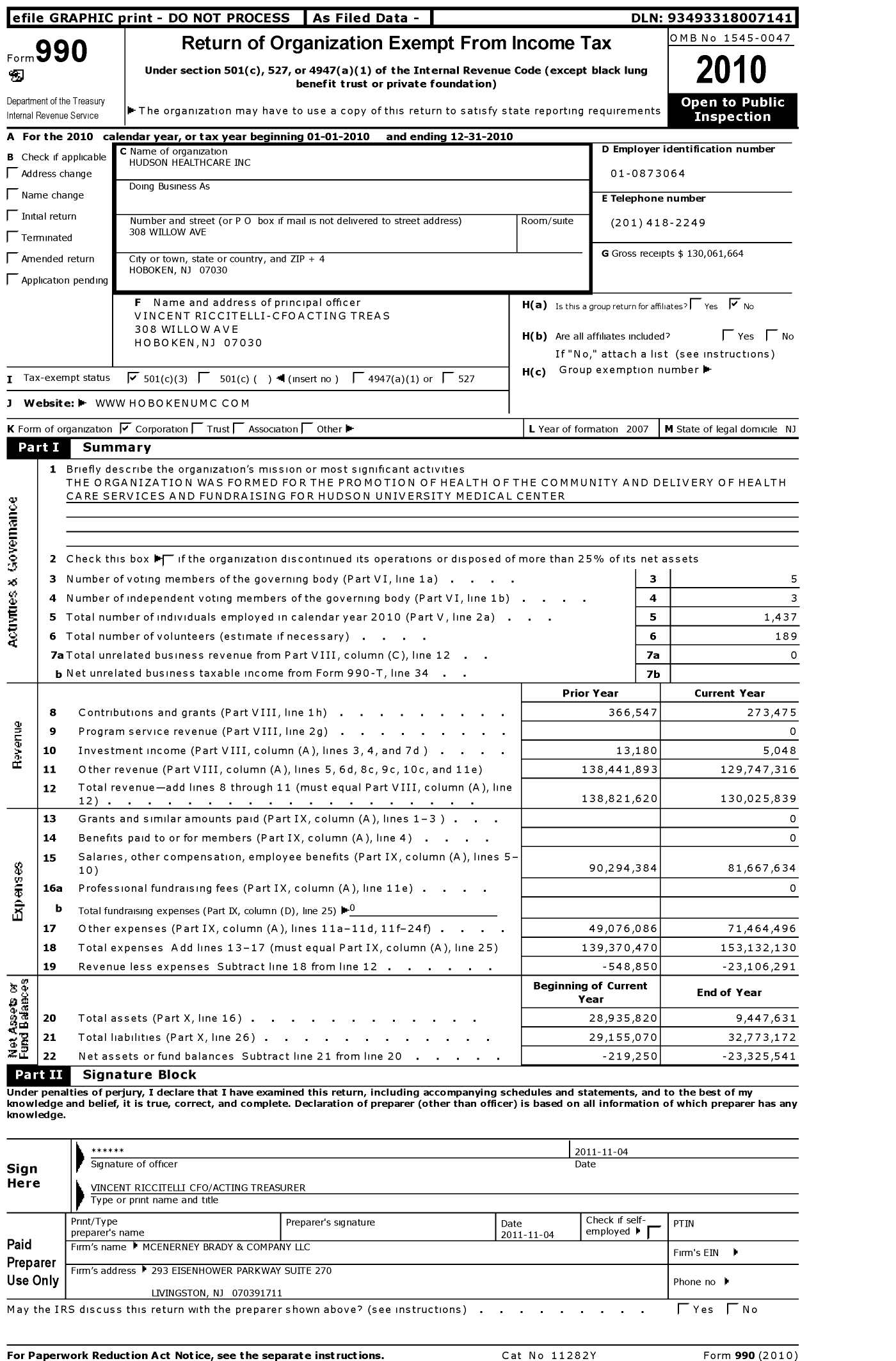 Image of first page of 2010 Form 990 for Hudson Healthcare