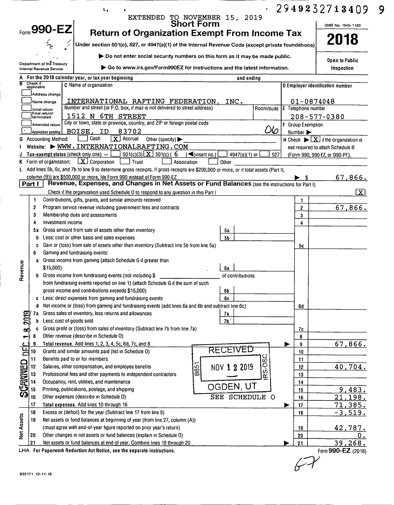 Image of first page of 2018 Form 990EO for International Rafting Federation (IRF)