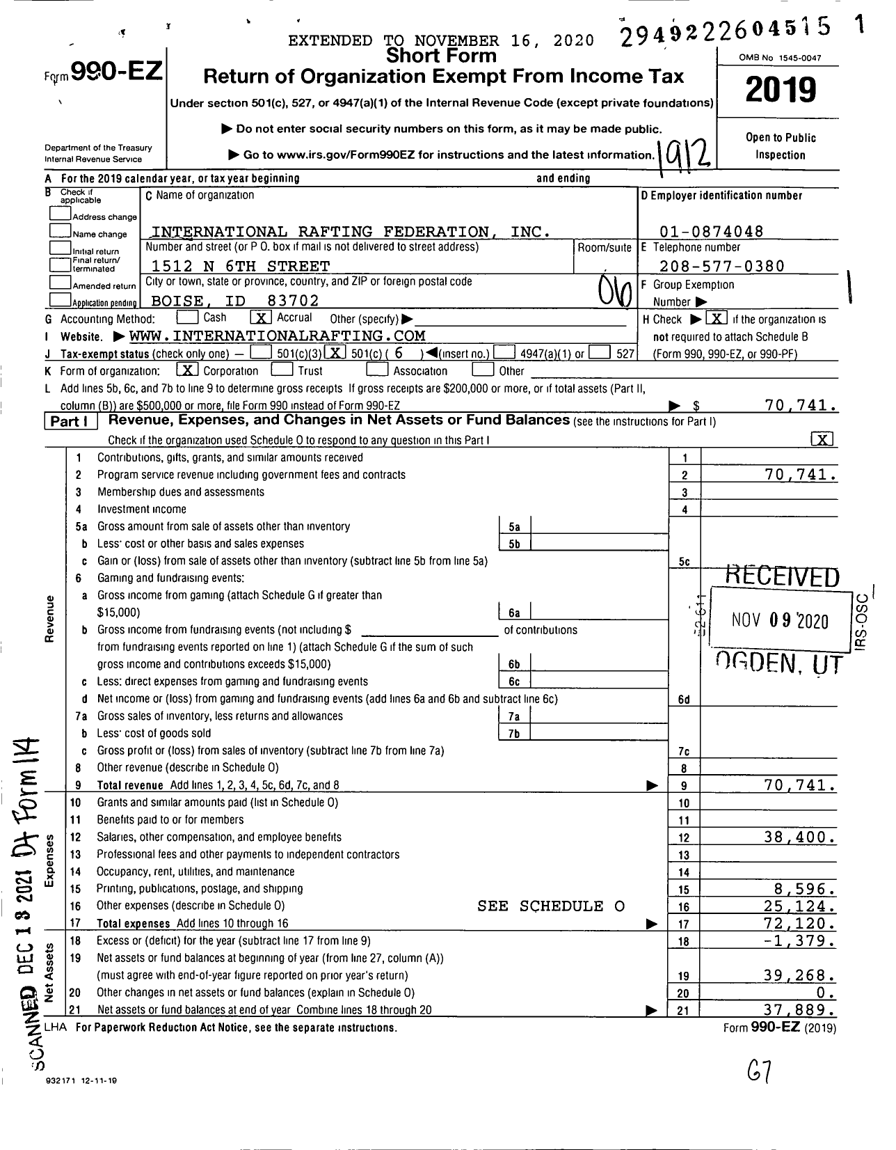 Image of first page of 2019 Form 990EO for International Rafting Federation (IRF)