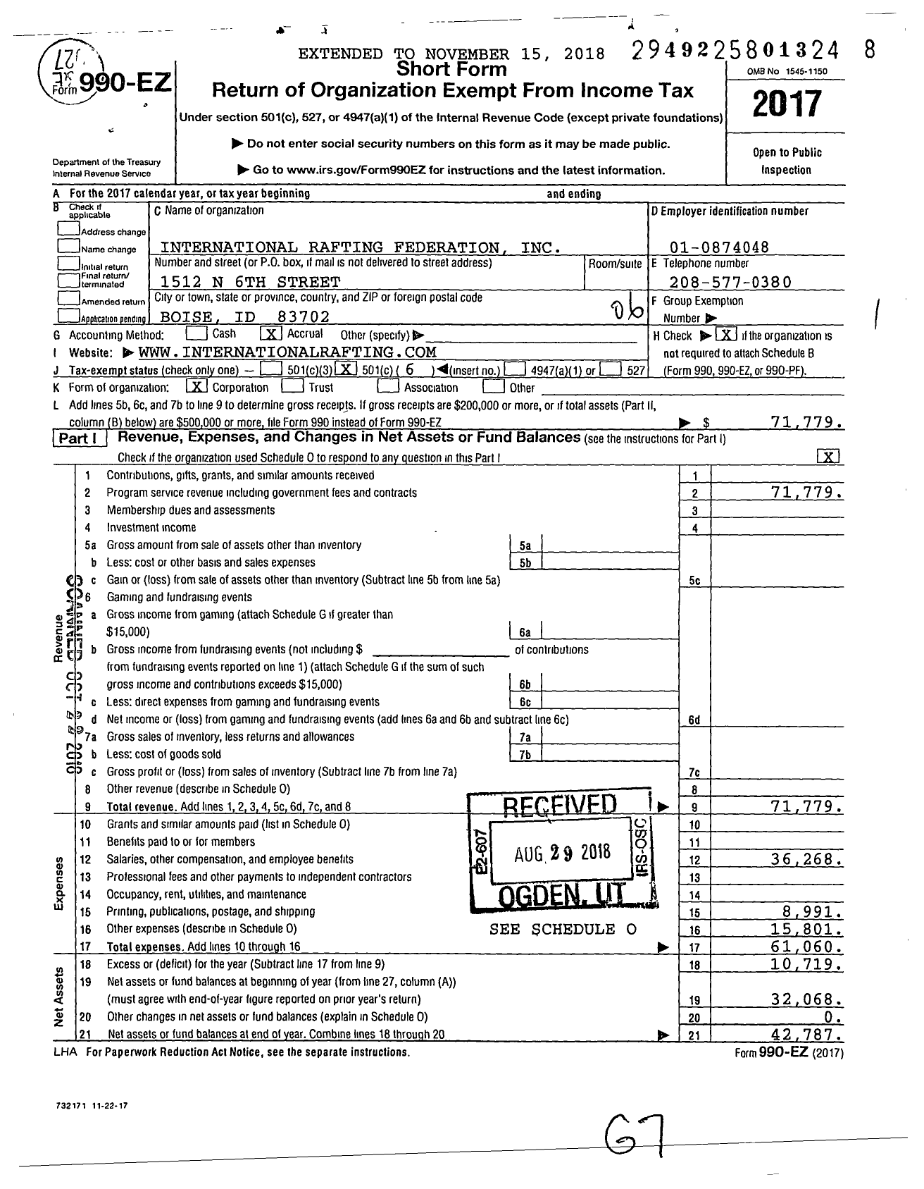 Image of first page of 2017 Form 990EO for International Rafting Federation (IRF)