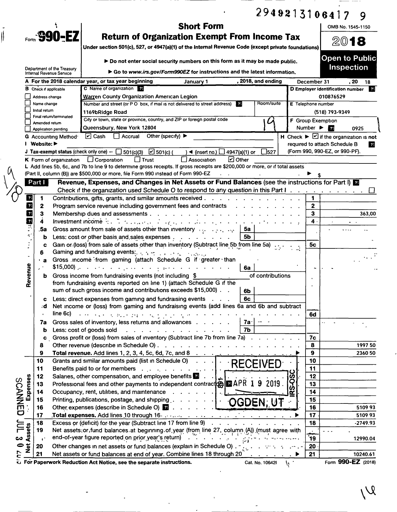 Image of first page of 2018 Form 990EO for AMERICAN LEGION - Warren County Organization