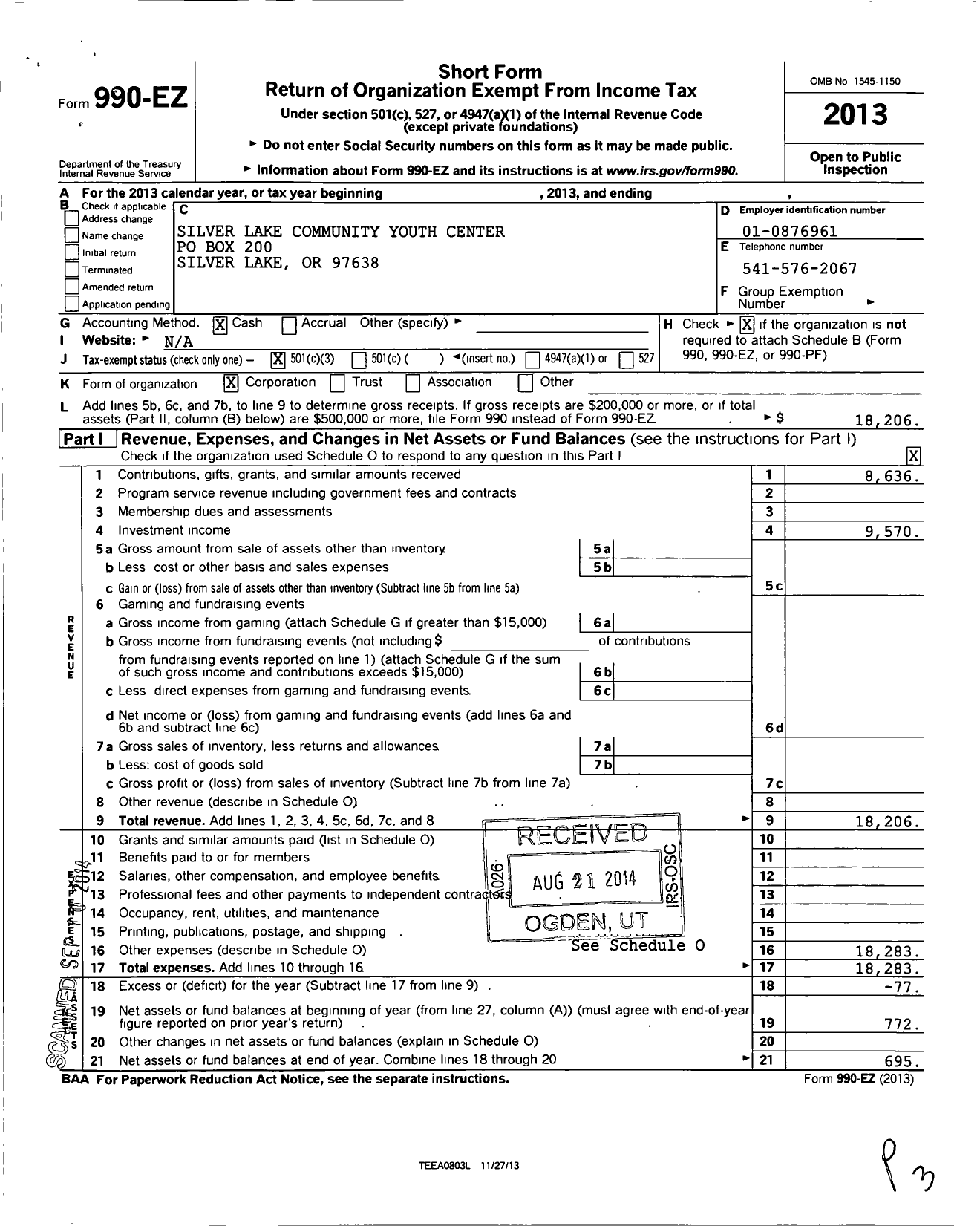 Image of first page of 2013 Form 990EZ for Silver Lake Community Youth Center