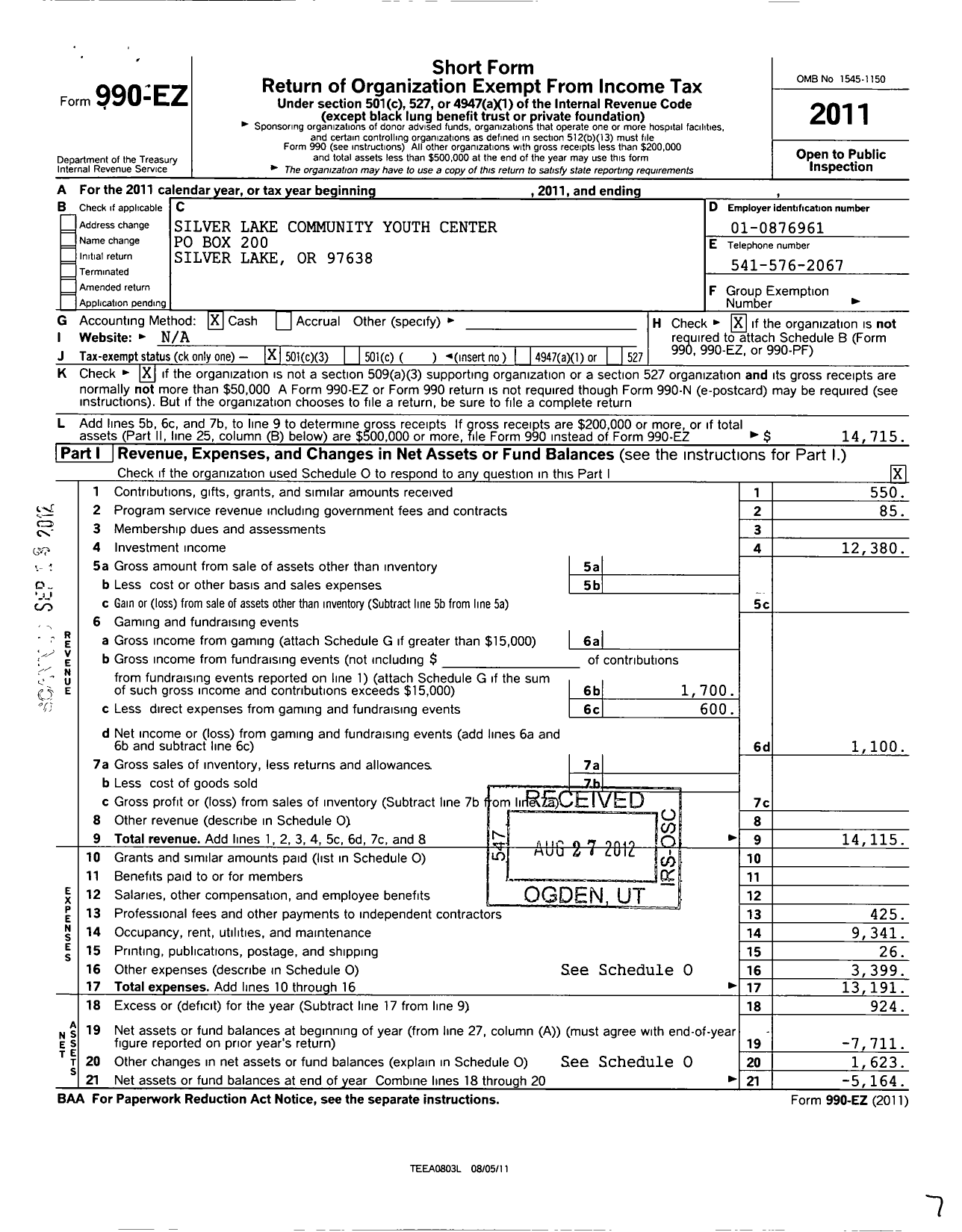 Image of first page of 2011 Form 990EZ for Silver Lake Community Youth Center