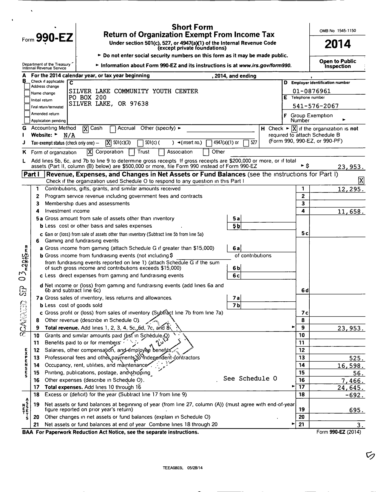 Image of first page of 2014 Form 990EZ for Silver Lake Community Youth Center