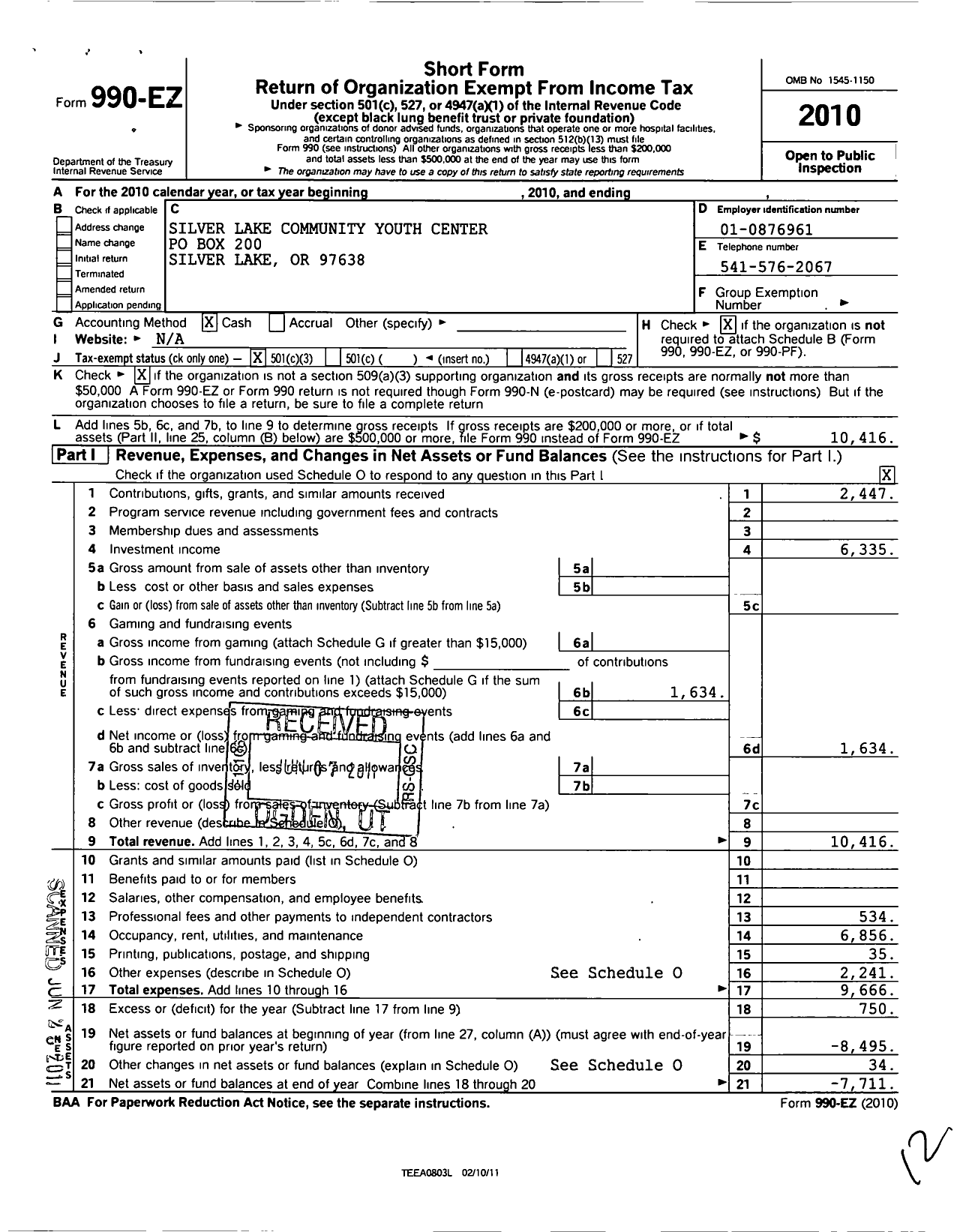 Image of first page of 2010 Form 990EZ for Silver Lake Community Youth Center