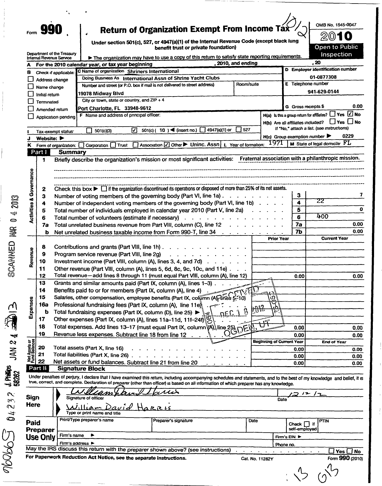 Image of first page of 2010 Form 990O for Shriners International