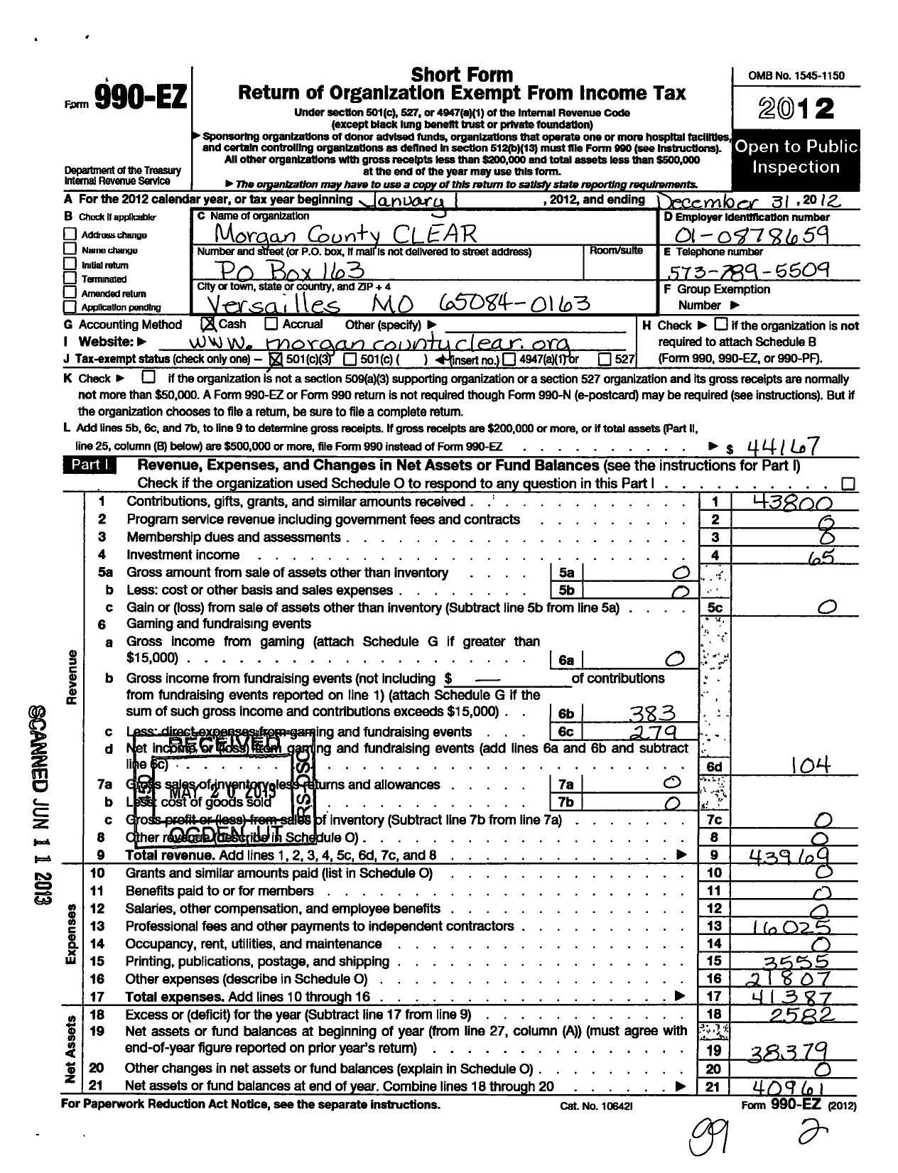 Image of first page of 2012 Form 990EZ for Morgan County Clear