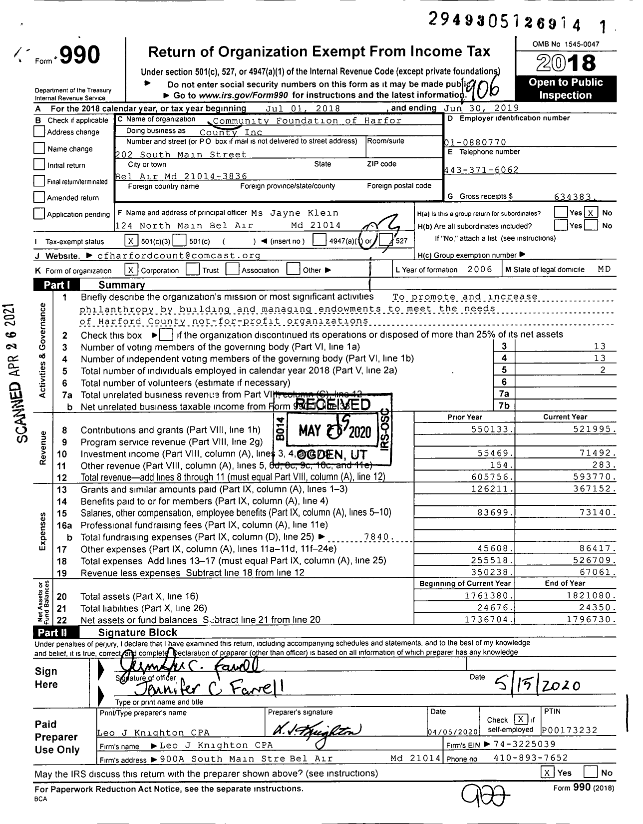 Image of first page of 2018 Form 990 for Community Foundation of Harford