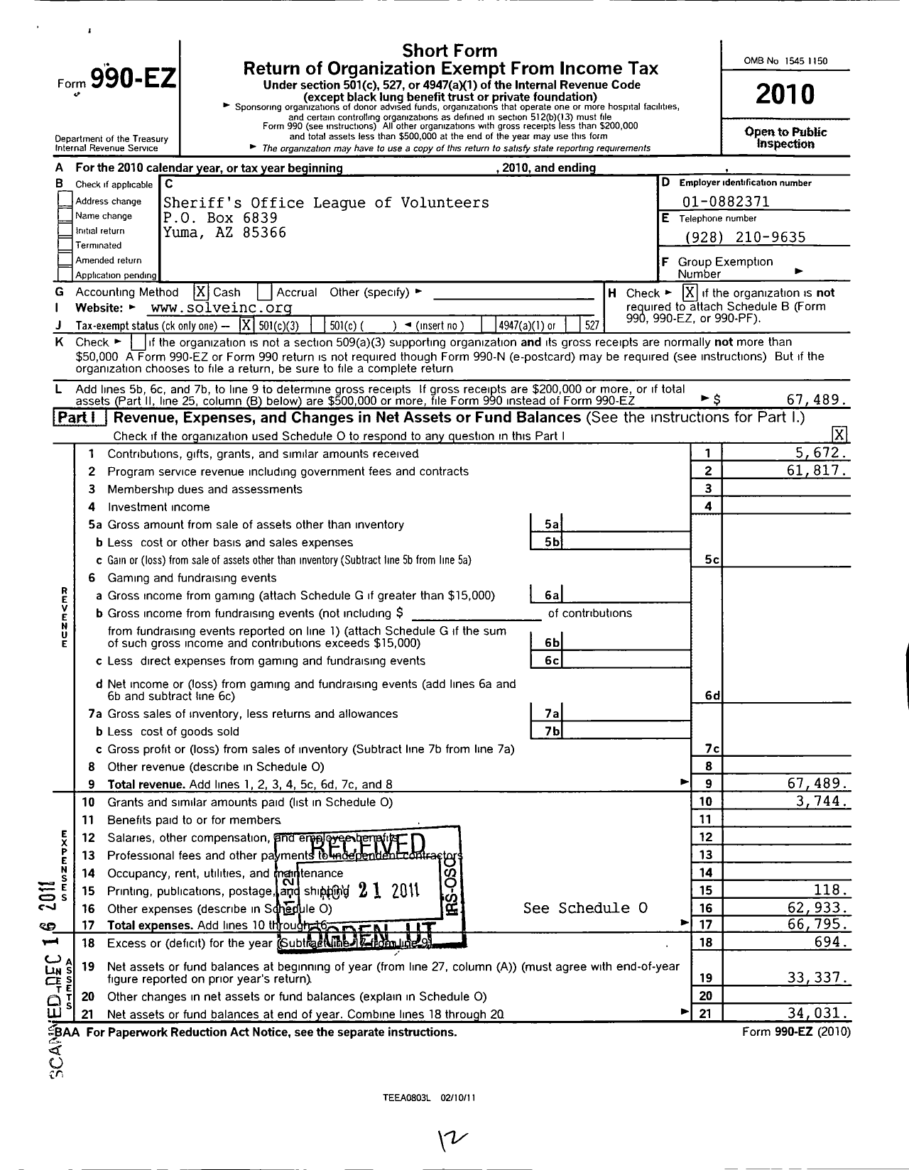 Image of first page of 2010 Form 990EZ for Yuma County Sheriffs Office League of Volunteers