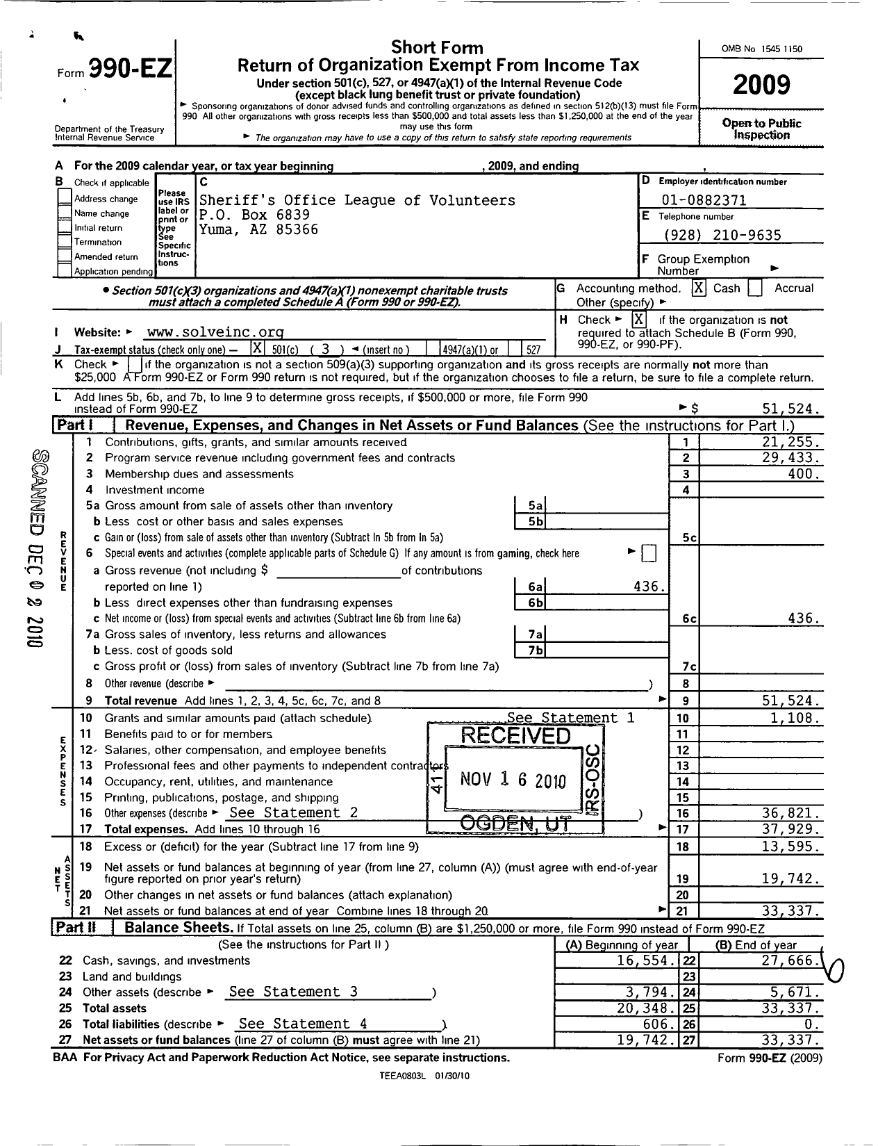 Image of first page of 2009 Form 990EZ for Yuma County Sheriffs Office League of Volunteers