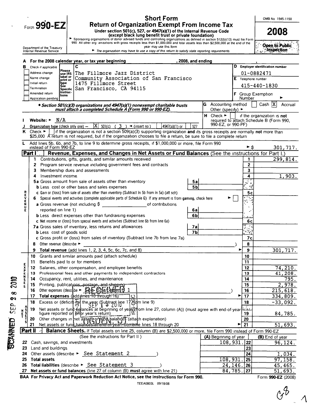 Image of first page of 2008 Form 990EZ for Fillmore Jazz District Community Association