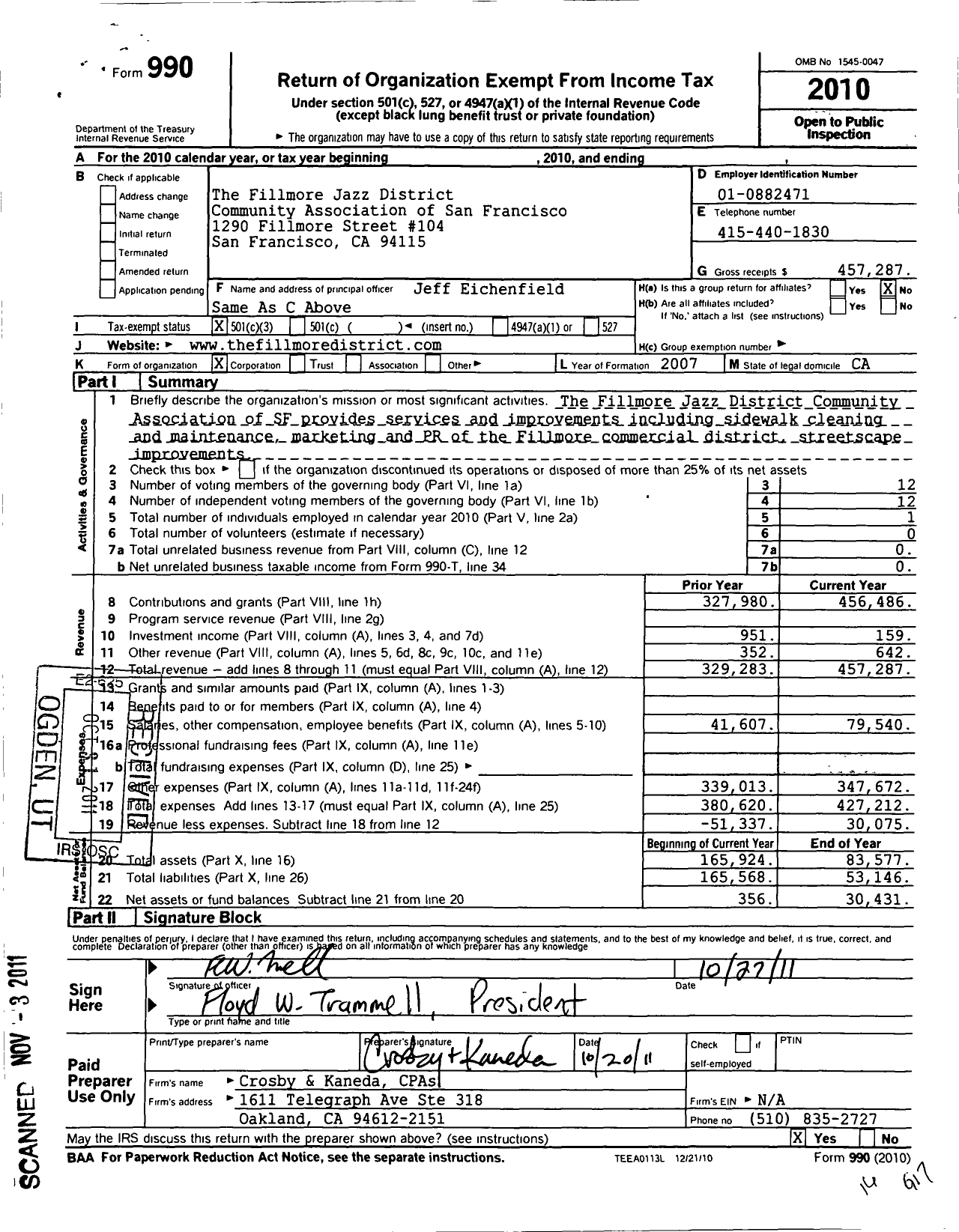 Image of first page of 2010 Form 990 for Fillmore Jazz District Community Association