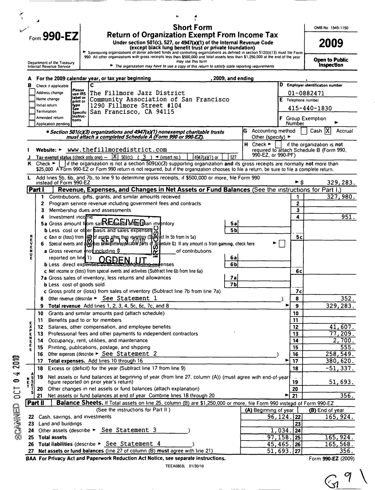 Image of first page of 2009 Form 990EZ for Fillmore Jazz District Community Association