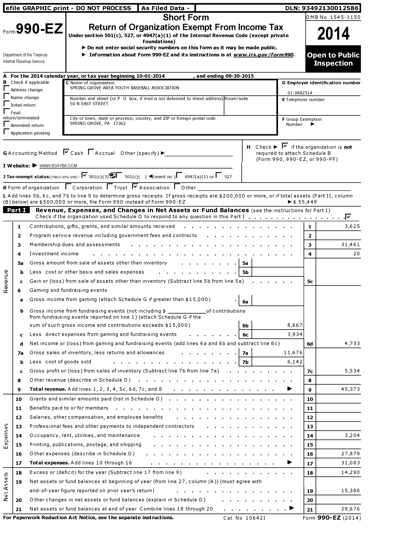 Image of first page of 2014 Form 990EZ for Spring Grove Area Youth Baseball Association