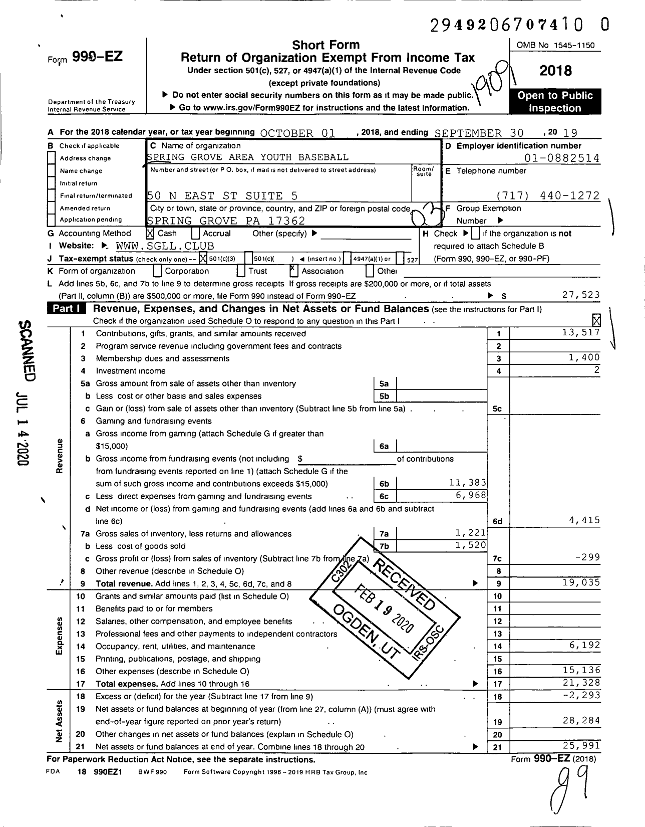 Image of first page of 2018 Form 990EZ for Spring Grove Area Youth Baseball Association