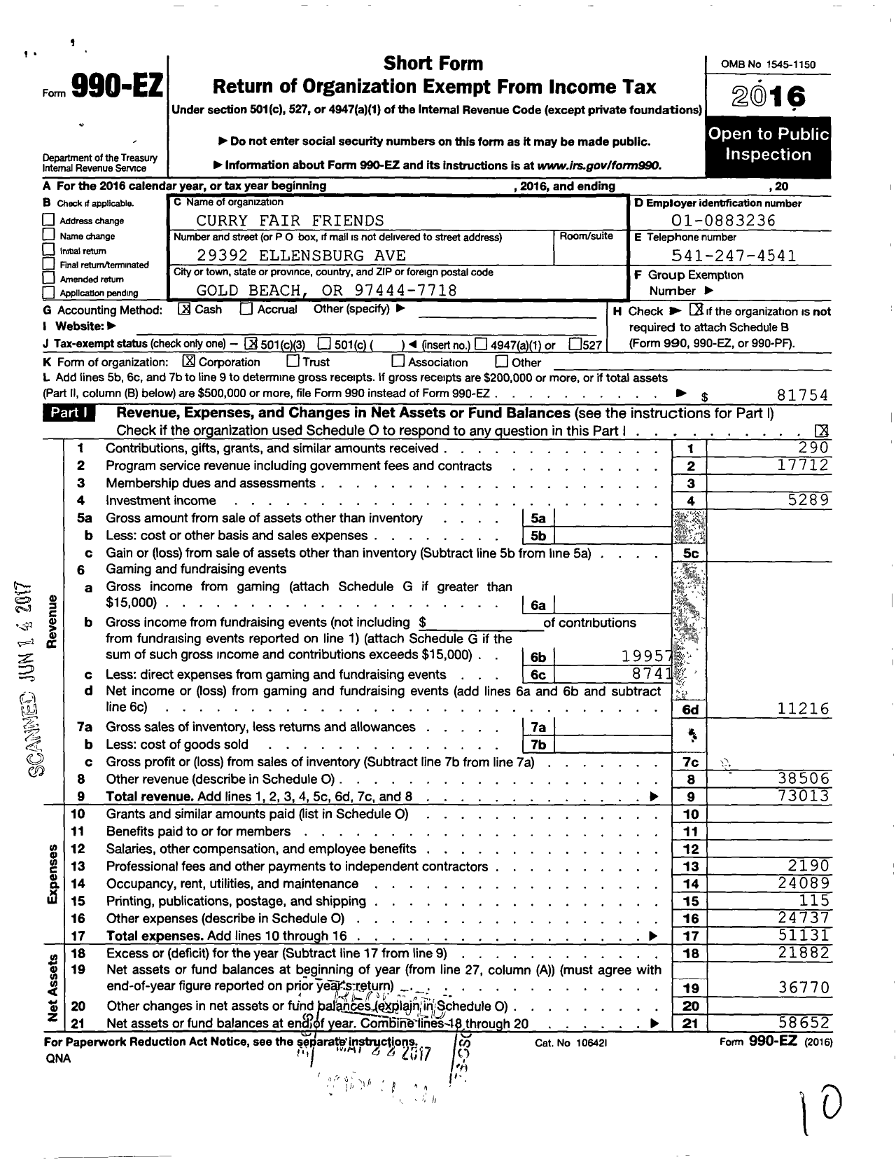 Image of first page of 2016 Form 990EZ for Curry Fair Friends