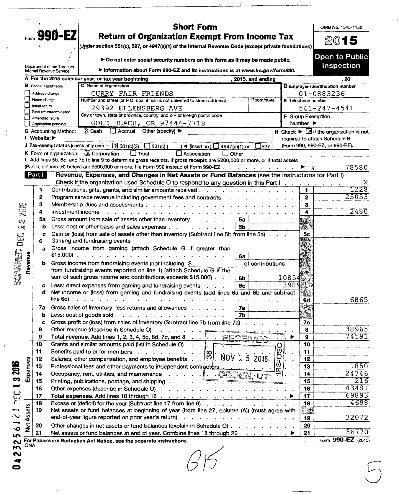 Image of first page of 2015 Form 990EZ for Curry Fair Friends