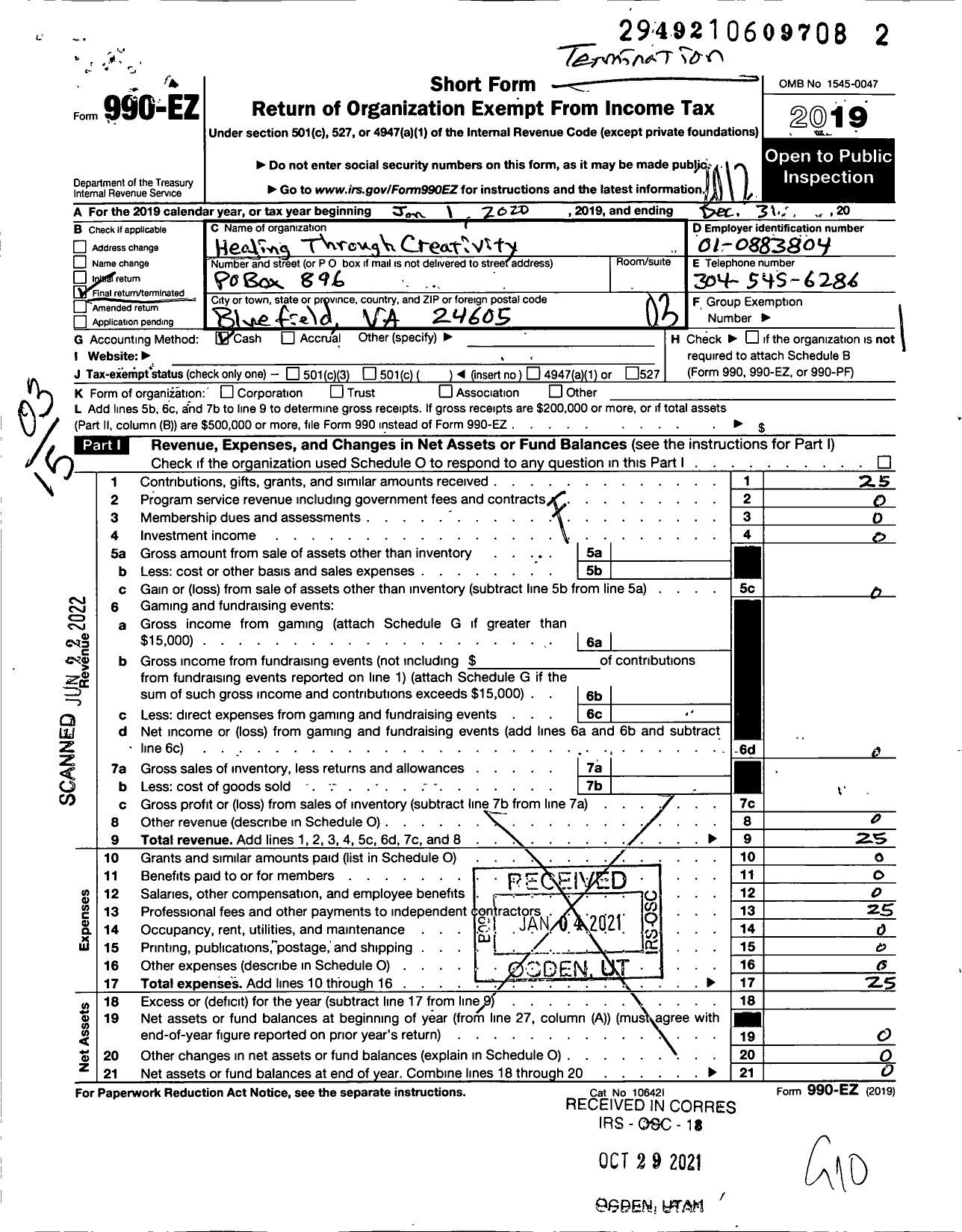 Image of first page of 2020 Form 990EZ for Healing Through Creativity