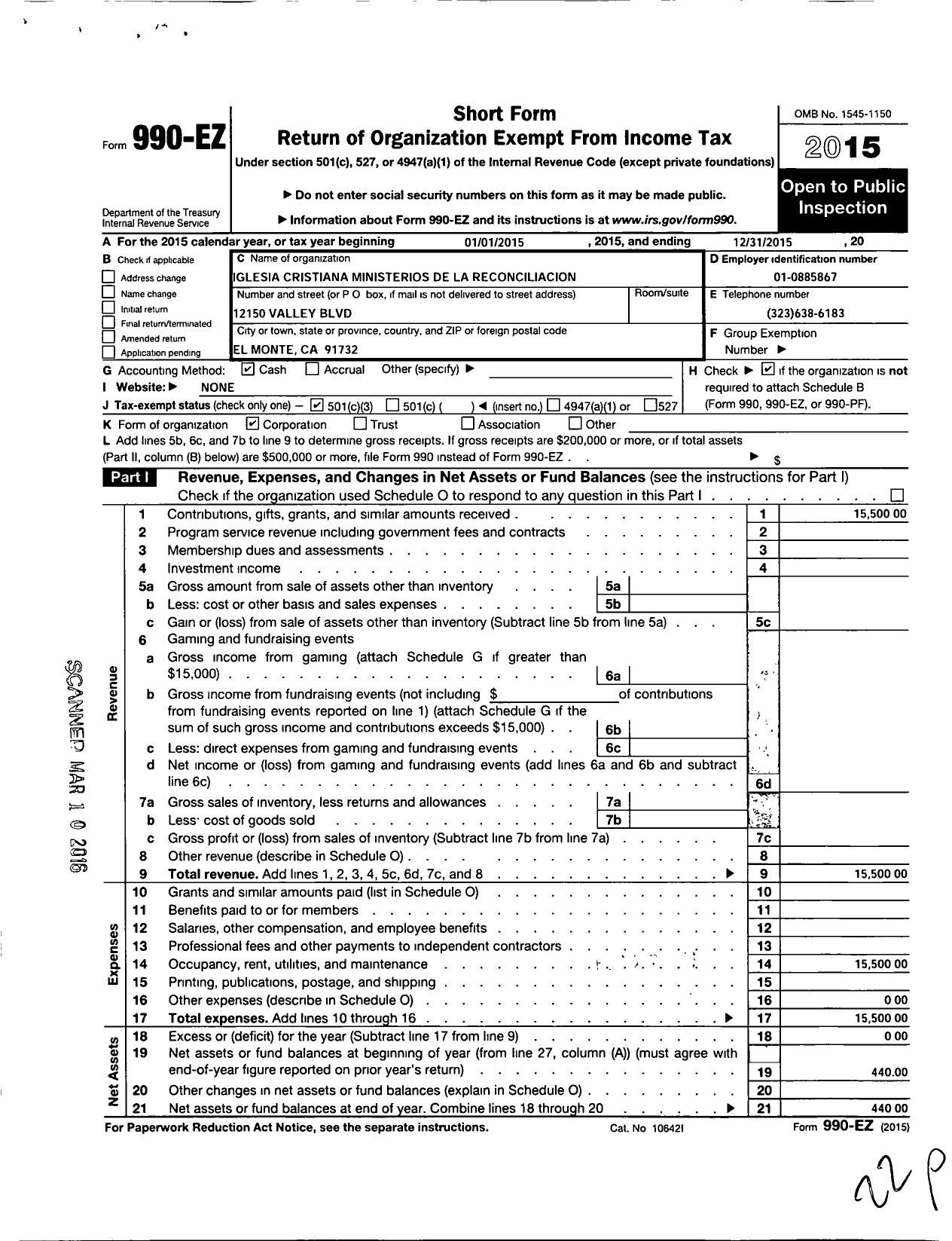 Image of first page of 2015 Form 990EZ for Iglesia Cristiana Ministerios de La