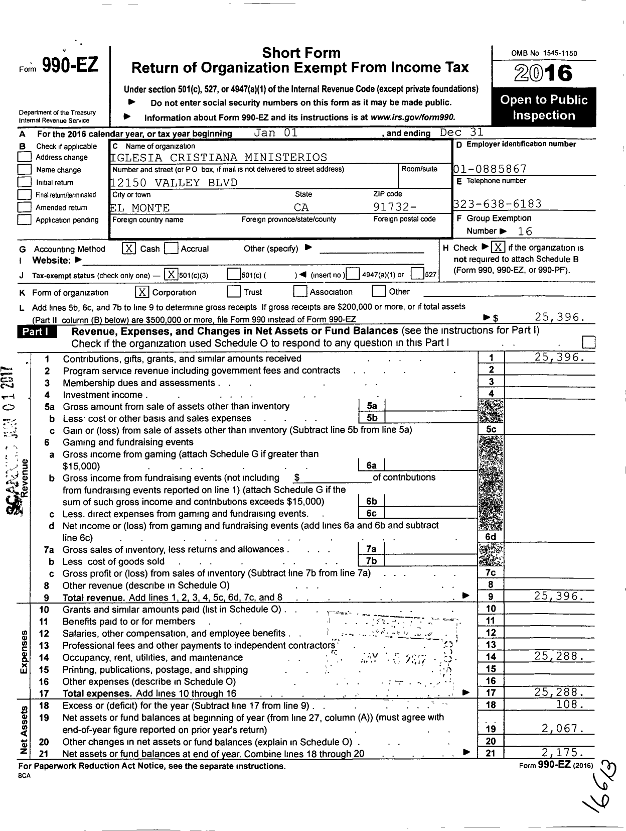 Image of first page of 2016 Form 990EZ for Iglesia Cristiana Ministerios de La