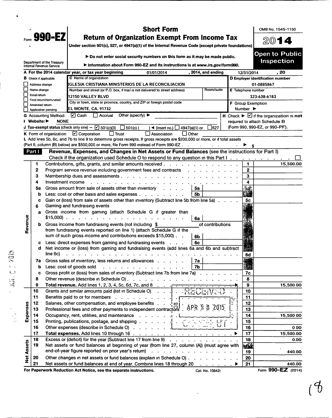 Image of first page of 2014 Form 990EZ for Iglesia Cristiana Ministerios de La