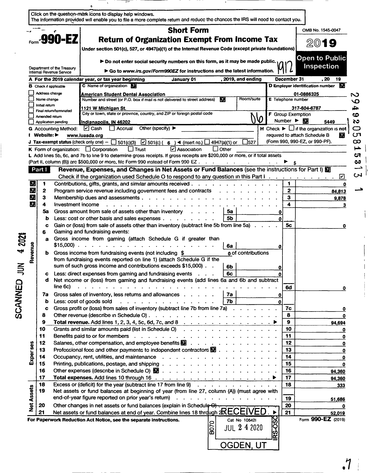 Image of first page of 2019 Form 990EO for American Student Dental Association / Indiana Chapter