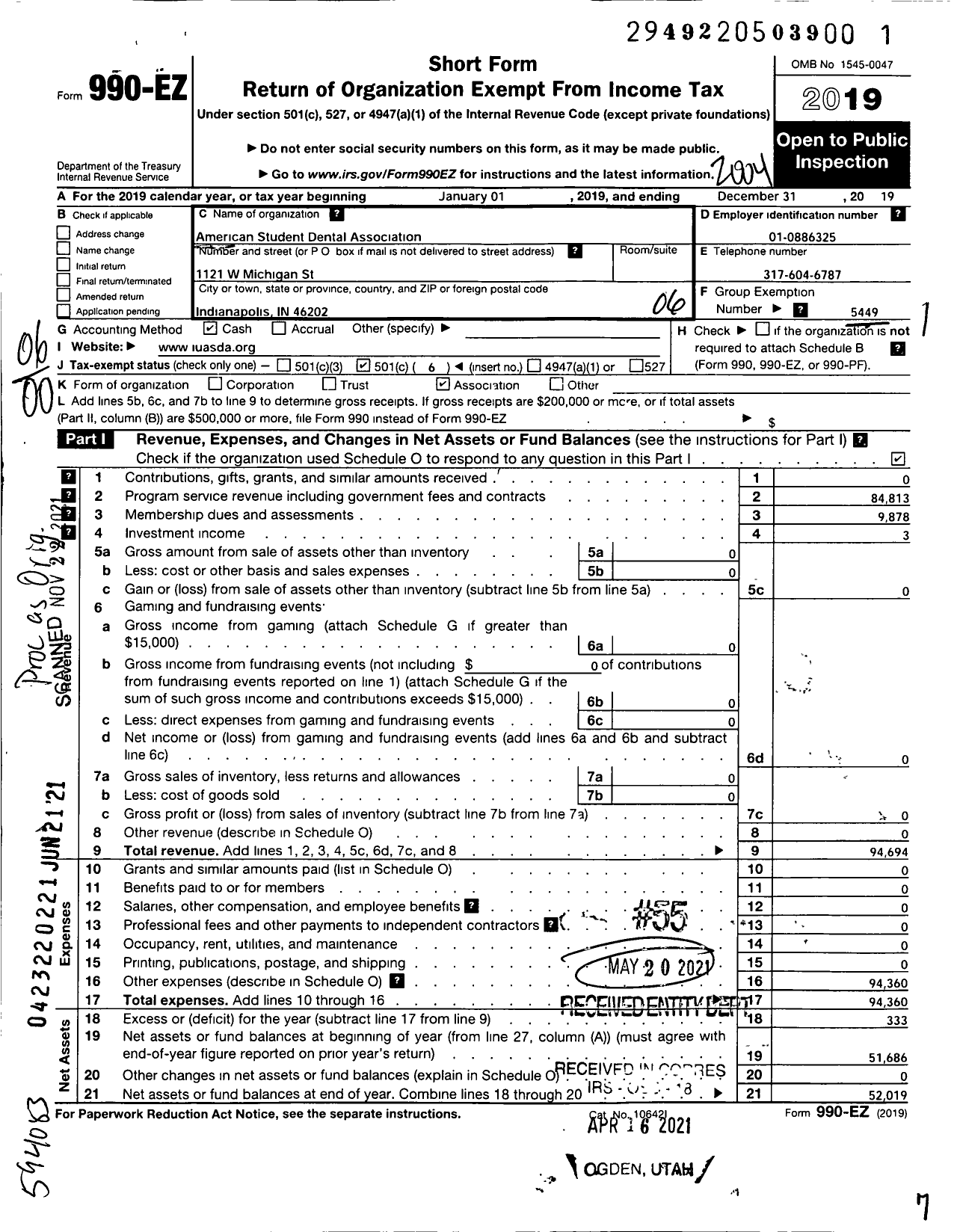 Image of first page of 2019 Form 990EO for American Student Dental Association / Indiana Chapter