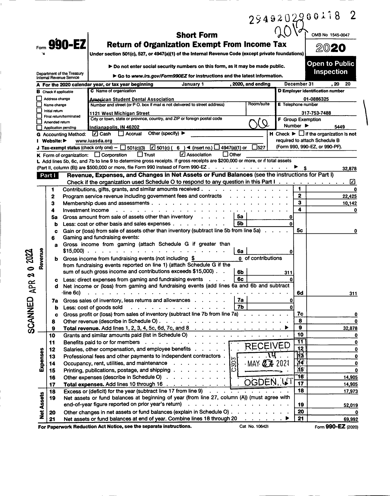 Image of first page of 2020 Form 990EO for American Student Dental Association / Indiana Chapter