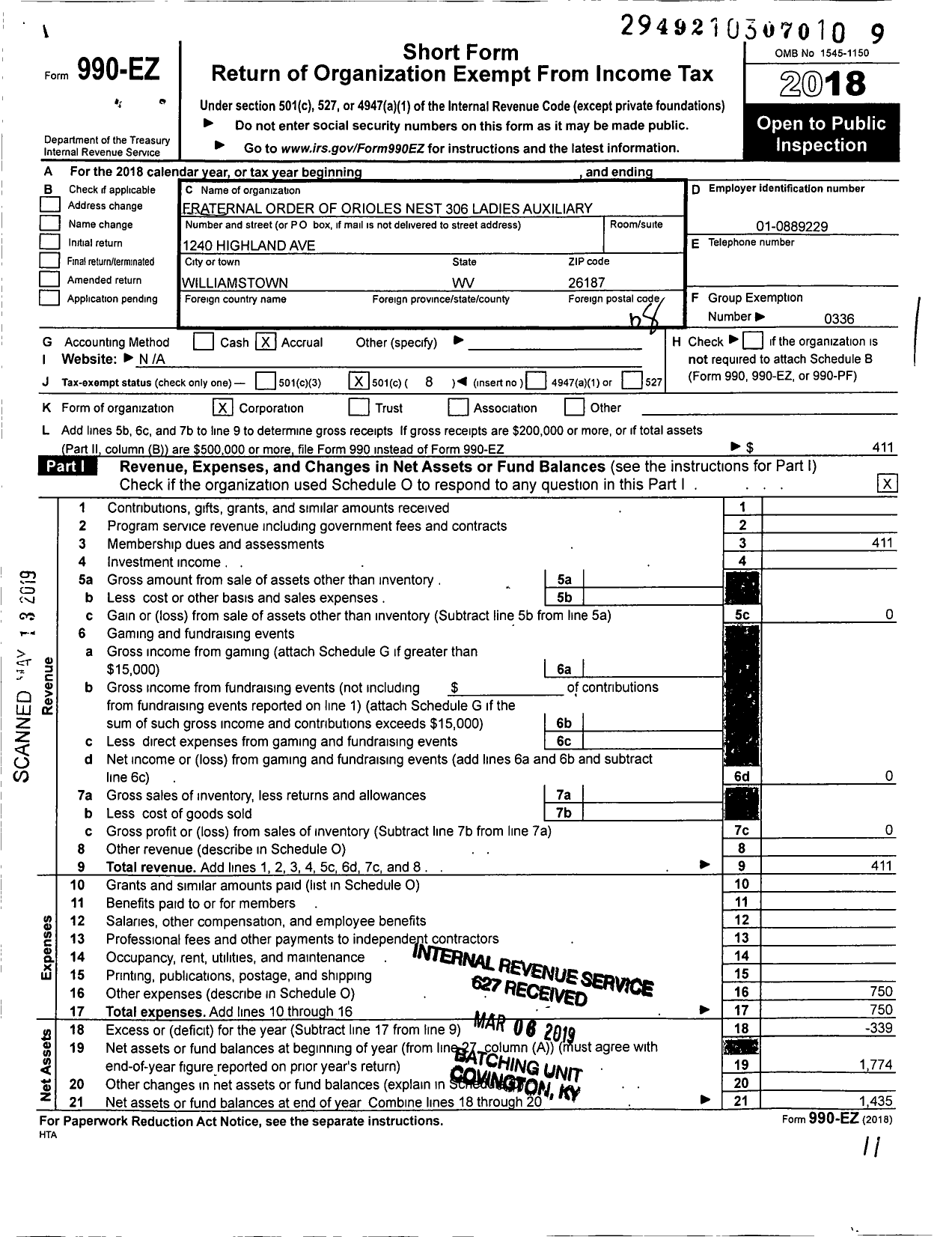 Image of first page of 2018 Form 990EO for Fraternal Order of the Orioles - 306 Williamstown Auxillary