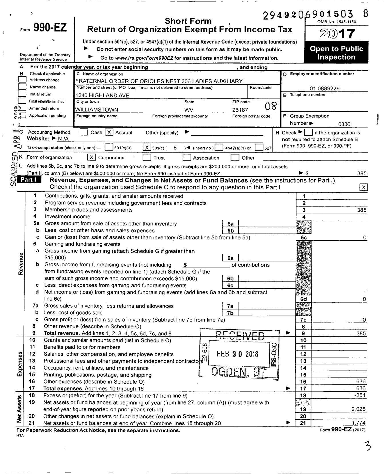 Image of first page of 2017 Form 990EO for Fraternal Order of the Orioles - 306 Williamstown Auxillary