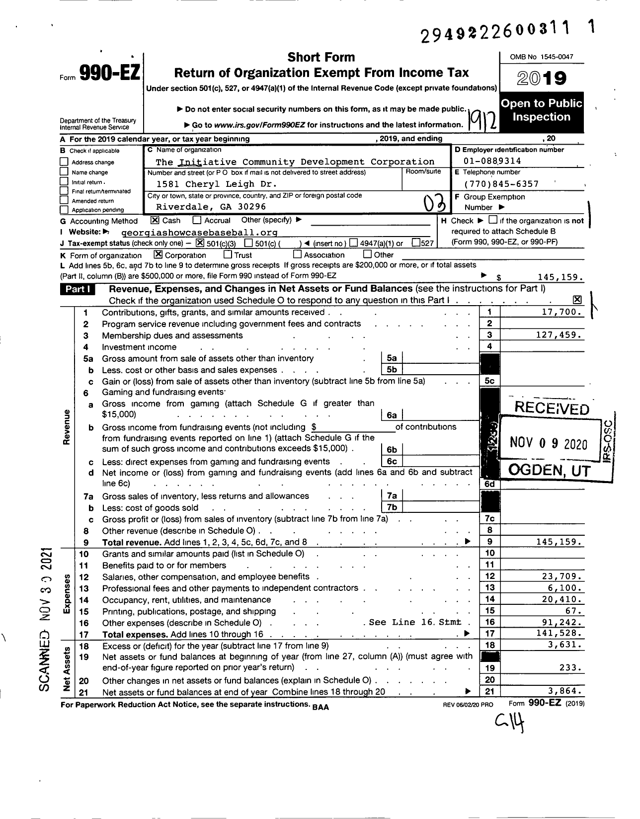 Image of first page of 2019 Form 990EZ for The Initiative Community Development Corporation