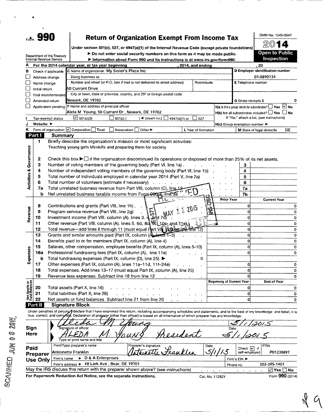 Image of first page of 2014 Form 990 for My Sister's Place