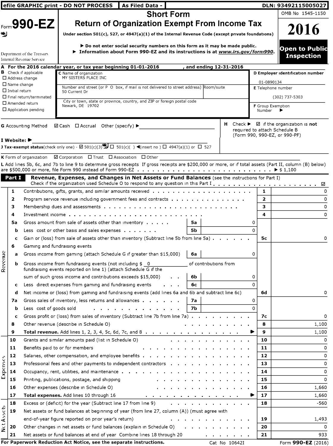 Image of first page of 2016 Form 990EZ for My Sister's Place