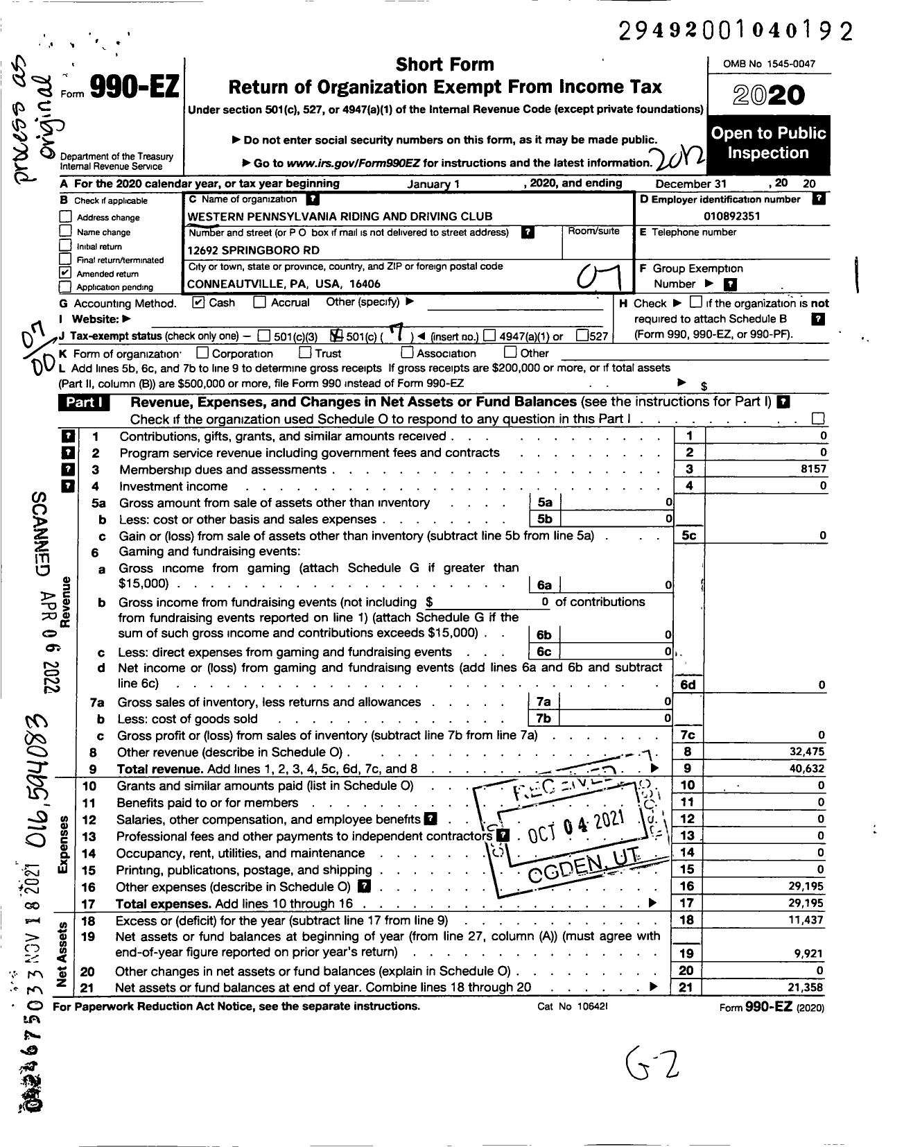 Image of first page of 2020 Form 990EO for Western Pennsylvania Riding and Driving
