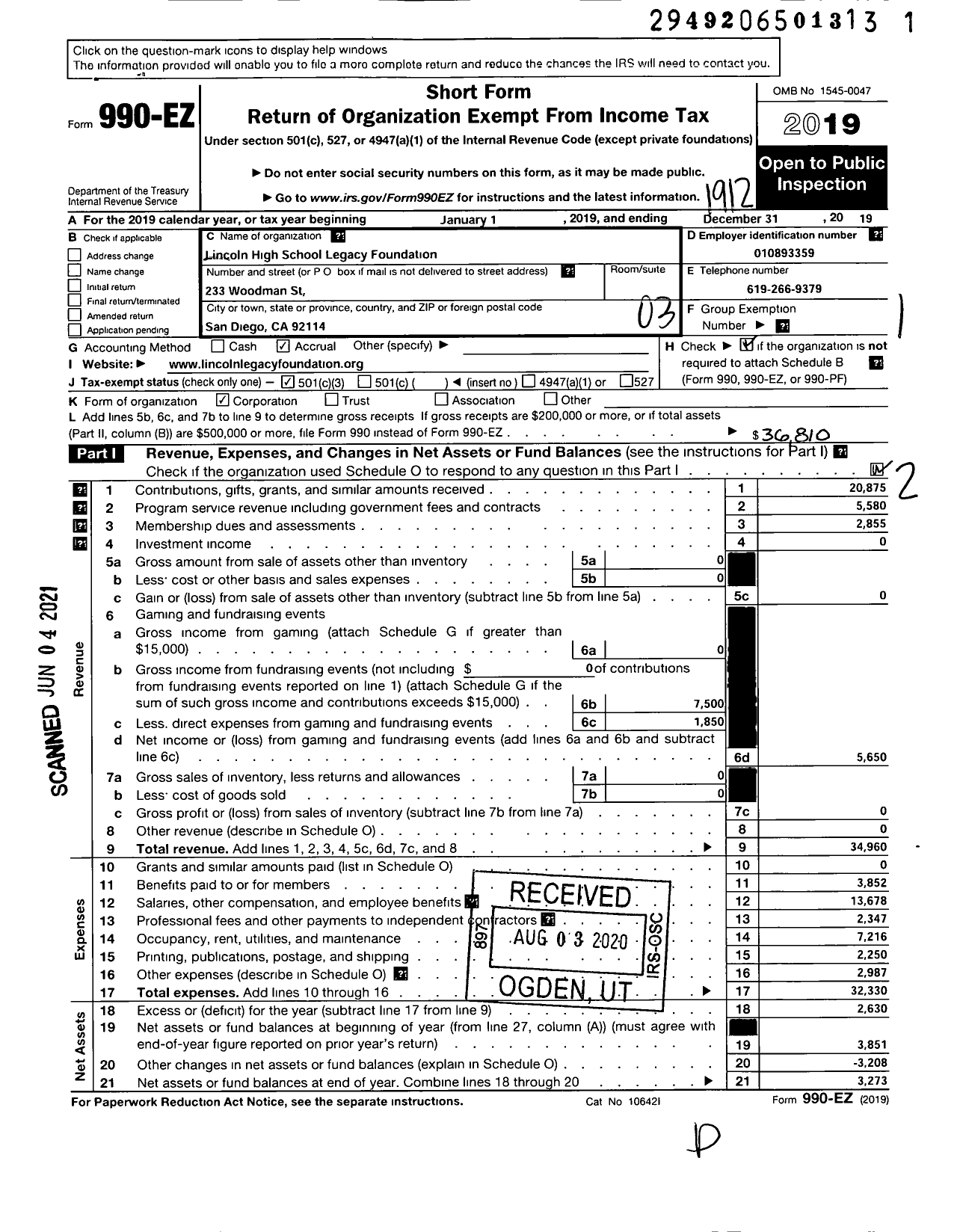 Image of first page of 2019 Form 990EZ for Lincoln High School Legacy Foundation