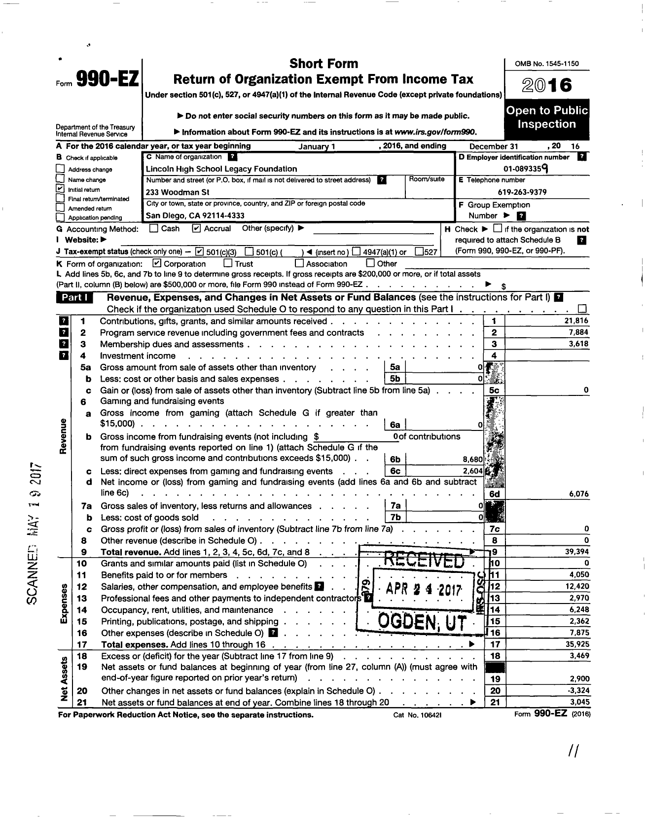 Image of first page of 2016 Form 990EZ for Lincoln High School Legacy Foundation