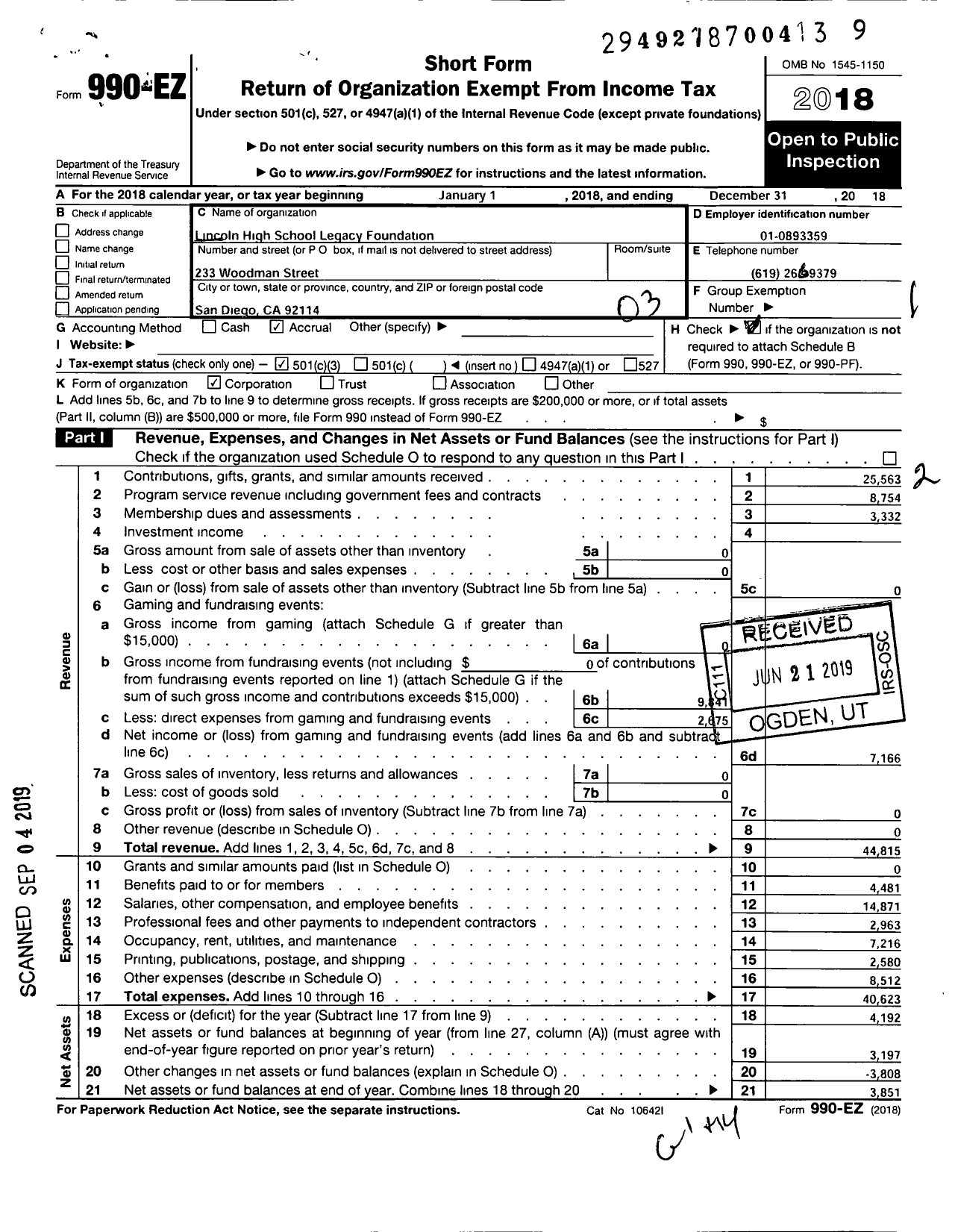 Image of first page of 2018 Form 990EZ for Lincoln High School Legacy Foundation