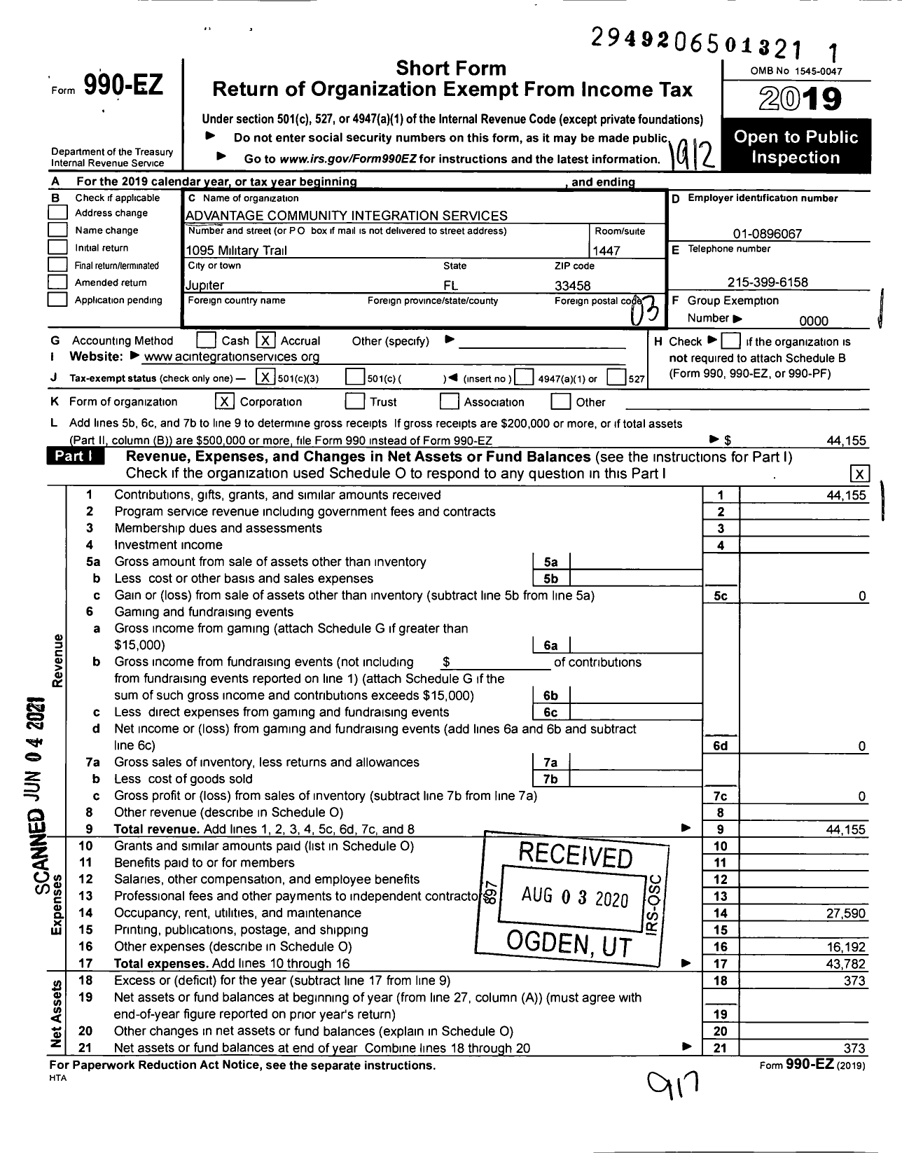 Image of first page of 2019 Form 990EZ for Advantage Community Integration Services