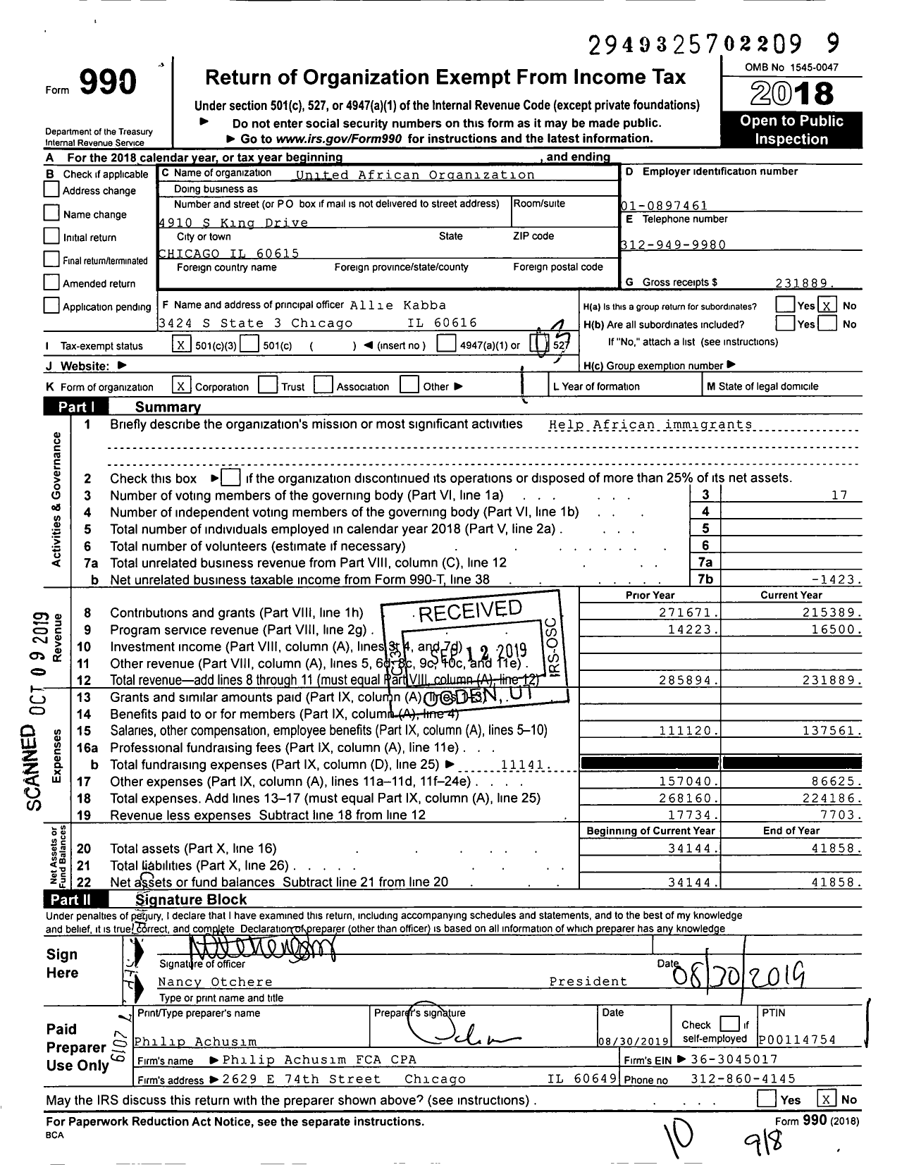 Image of first page of 2018 Form 990 for United African Organization