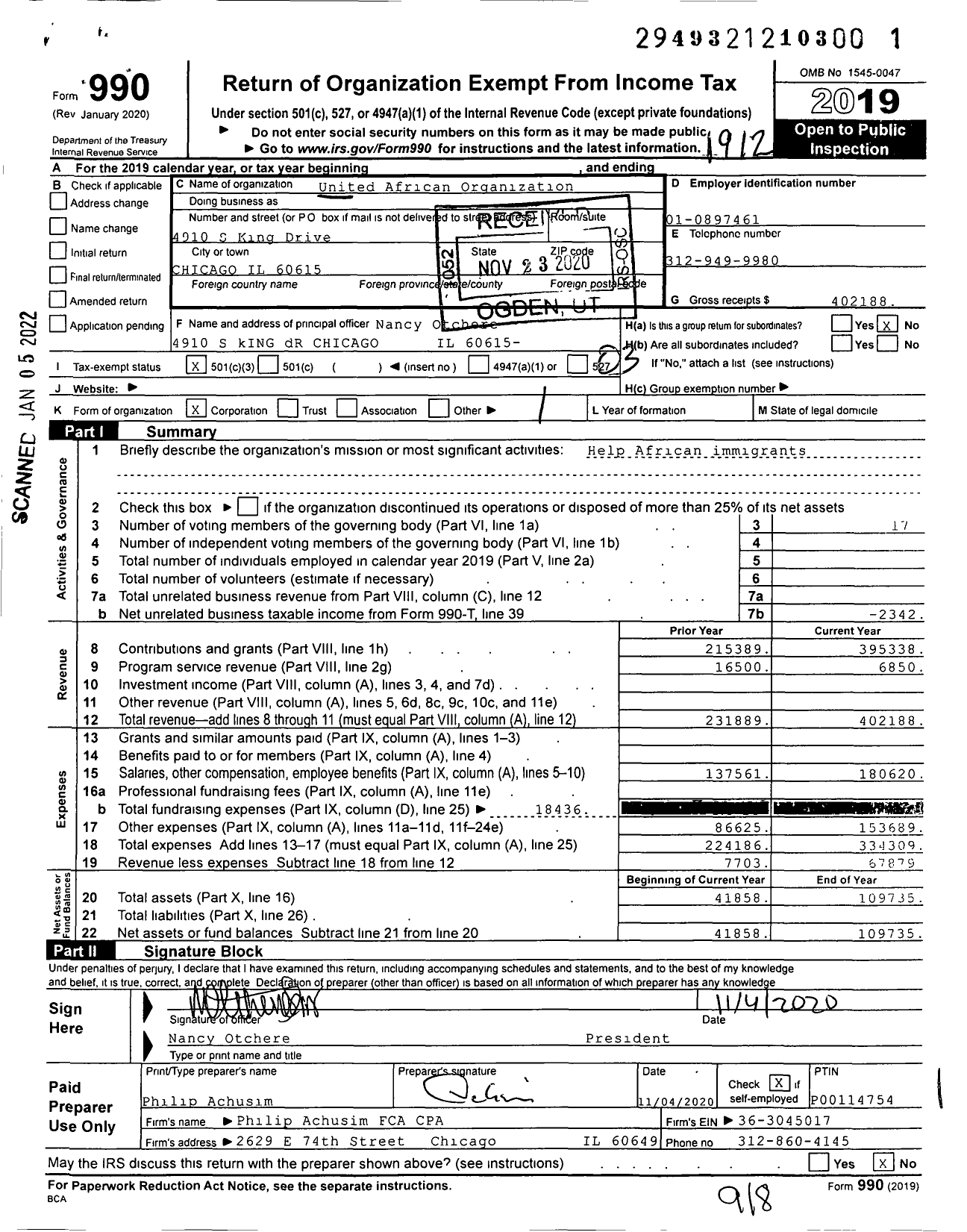 Image of first page of 2019 Form 990 for United African Organization